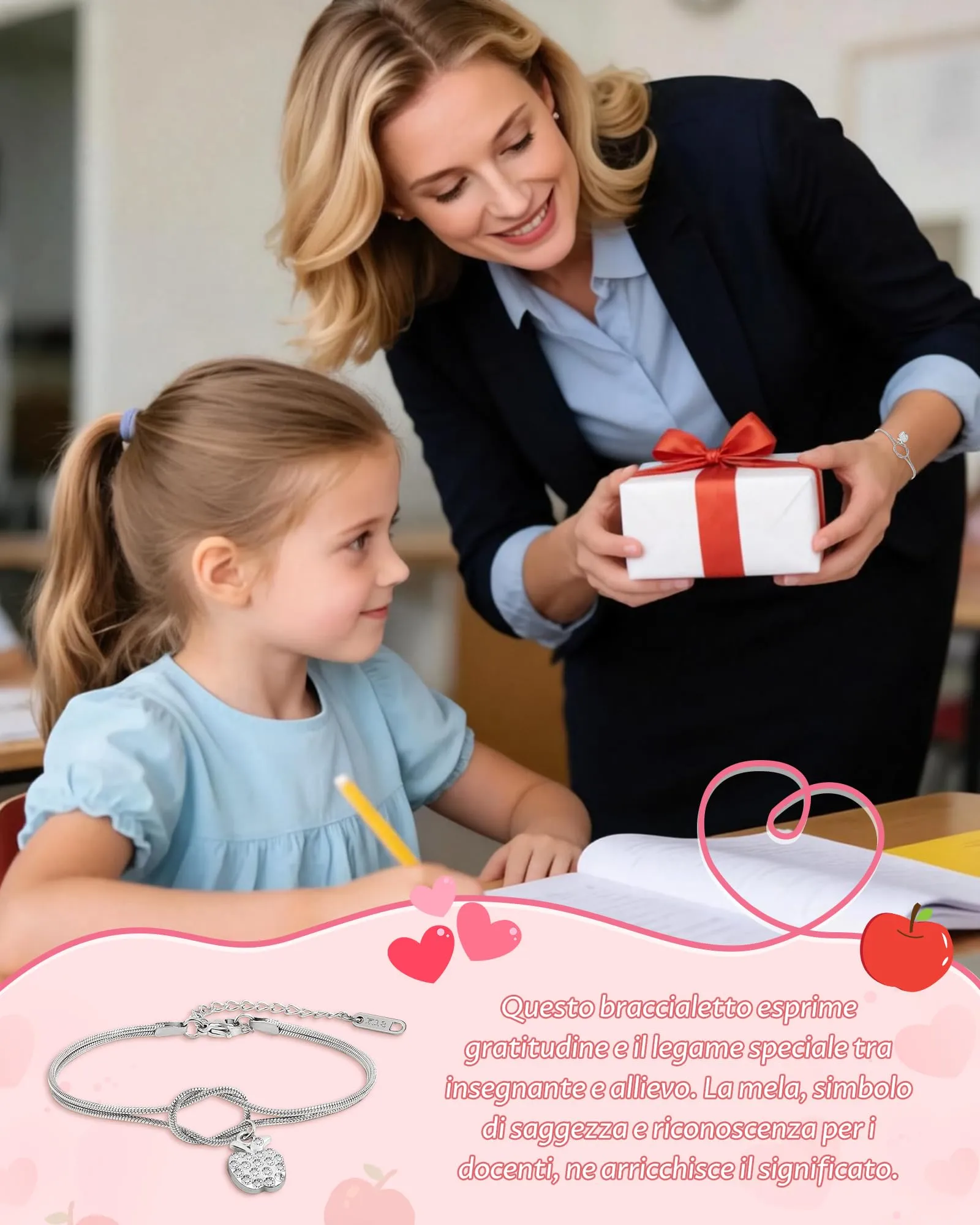 Cheerslife Bracciale con Ciondolo a Mela per Maestre e Insegnanti - immagine 2