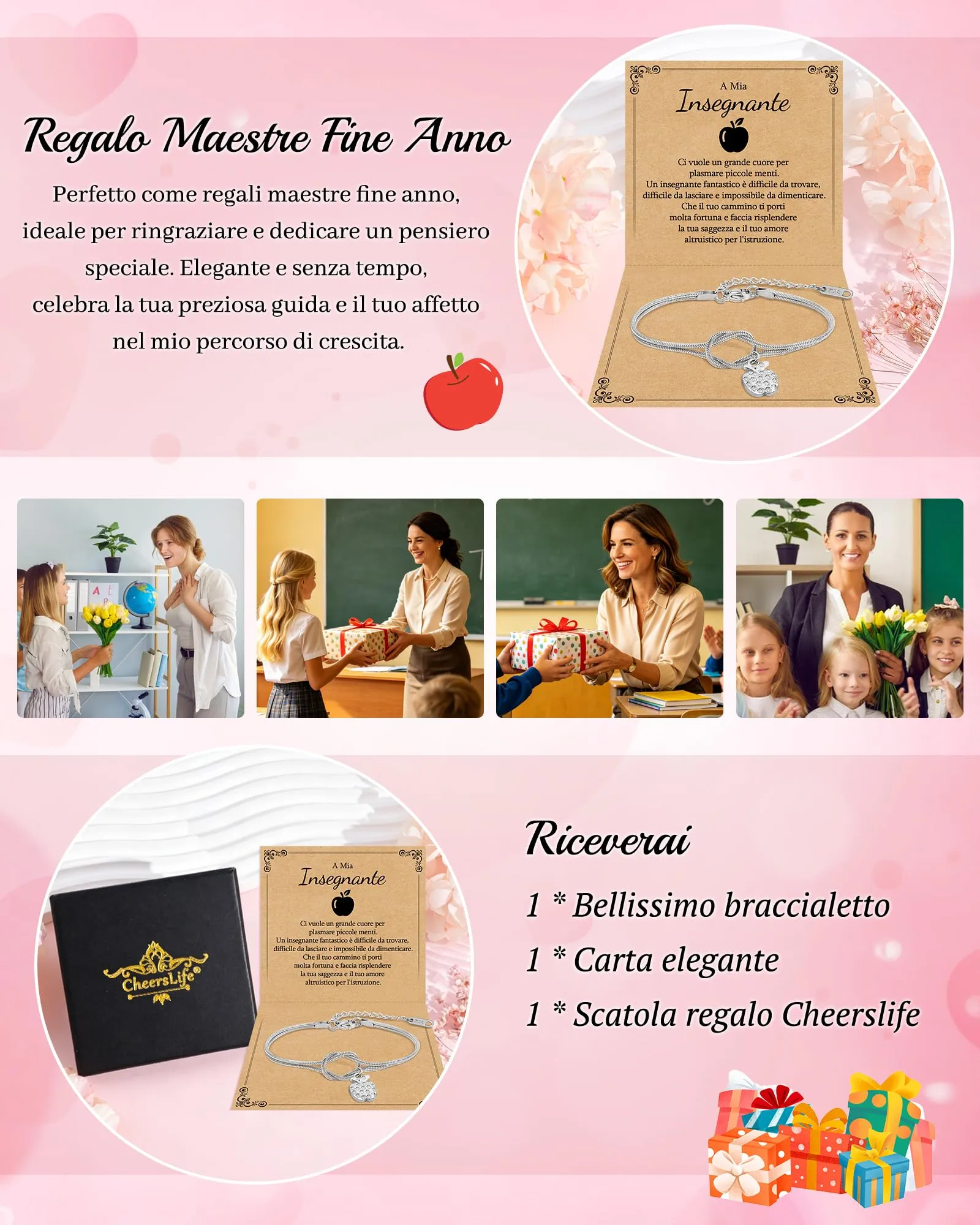 Cheerslife Bracciale con Ciondolo a Mela per Maestre e Insegnanti - immagine 6