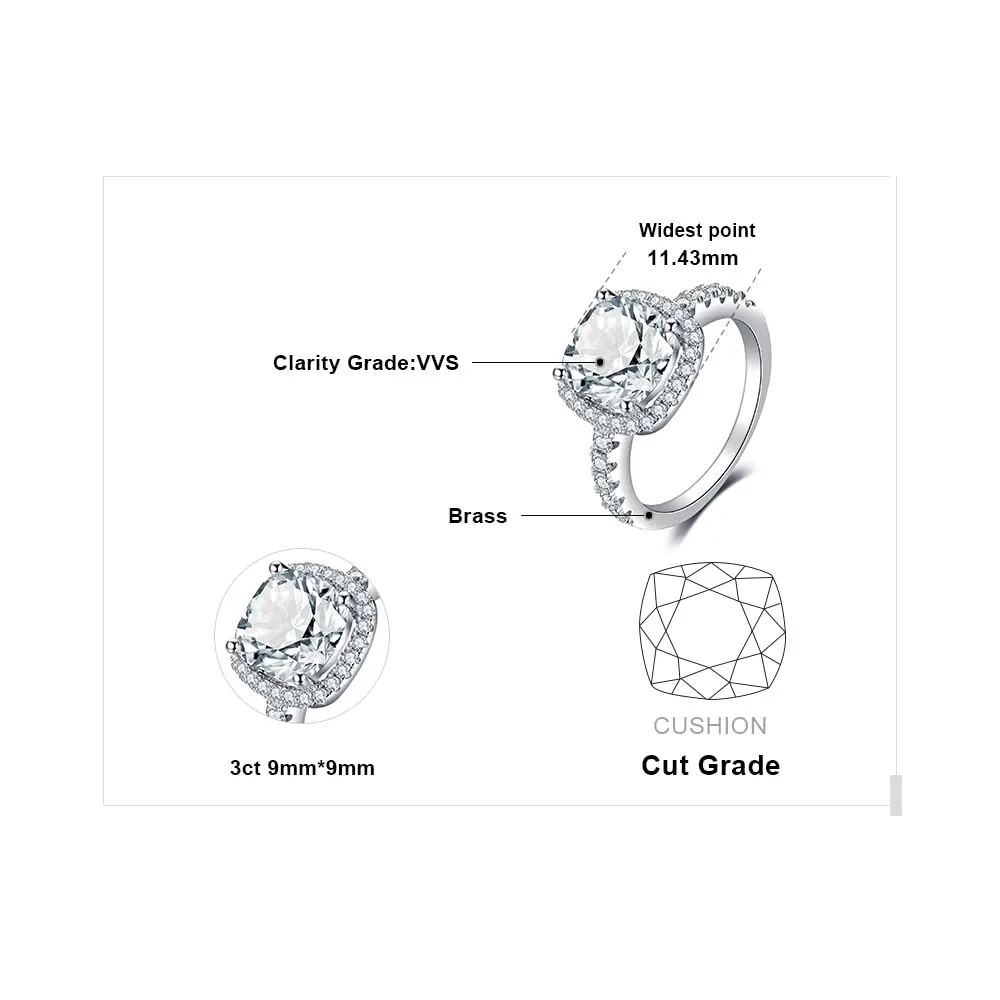 JewelryPalace Anello Solitario Donna 3ct Zirconi Taglio Cuscino Placcato Oro Bianco 14K, Misura 9.5 - immagine 2