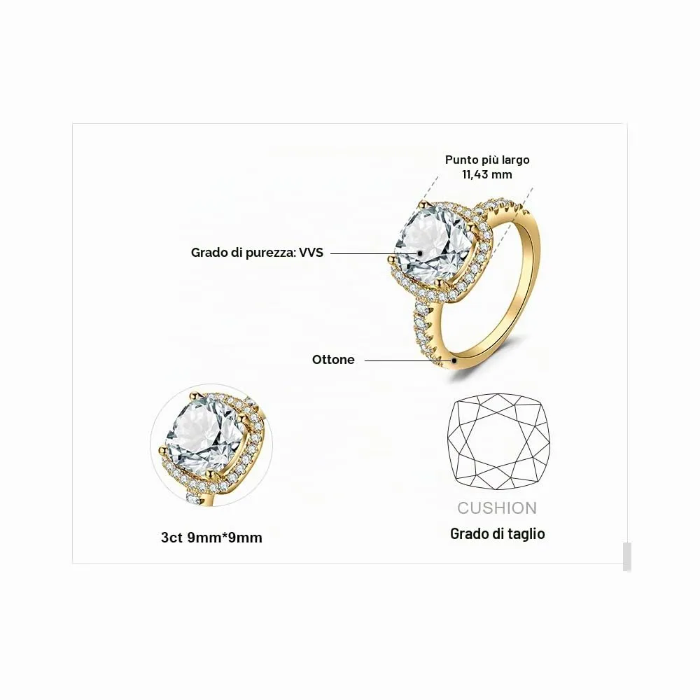 JewelryPalace 3ct Cushion Cut Simulated Diamond Zirconia Ring, 14K Yellow Gold Plated Solitaire Ring for Women - immagine 2