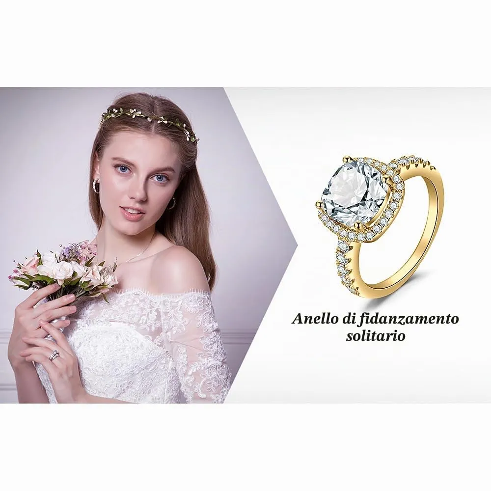 JewelryPalace Anello Solitario Donna 3ct Zircone Taglio Cuscino Placcato Oro Giallo 14K - immagine 6
