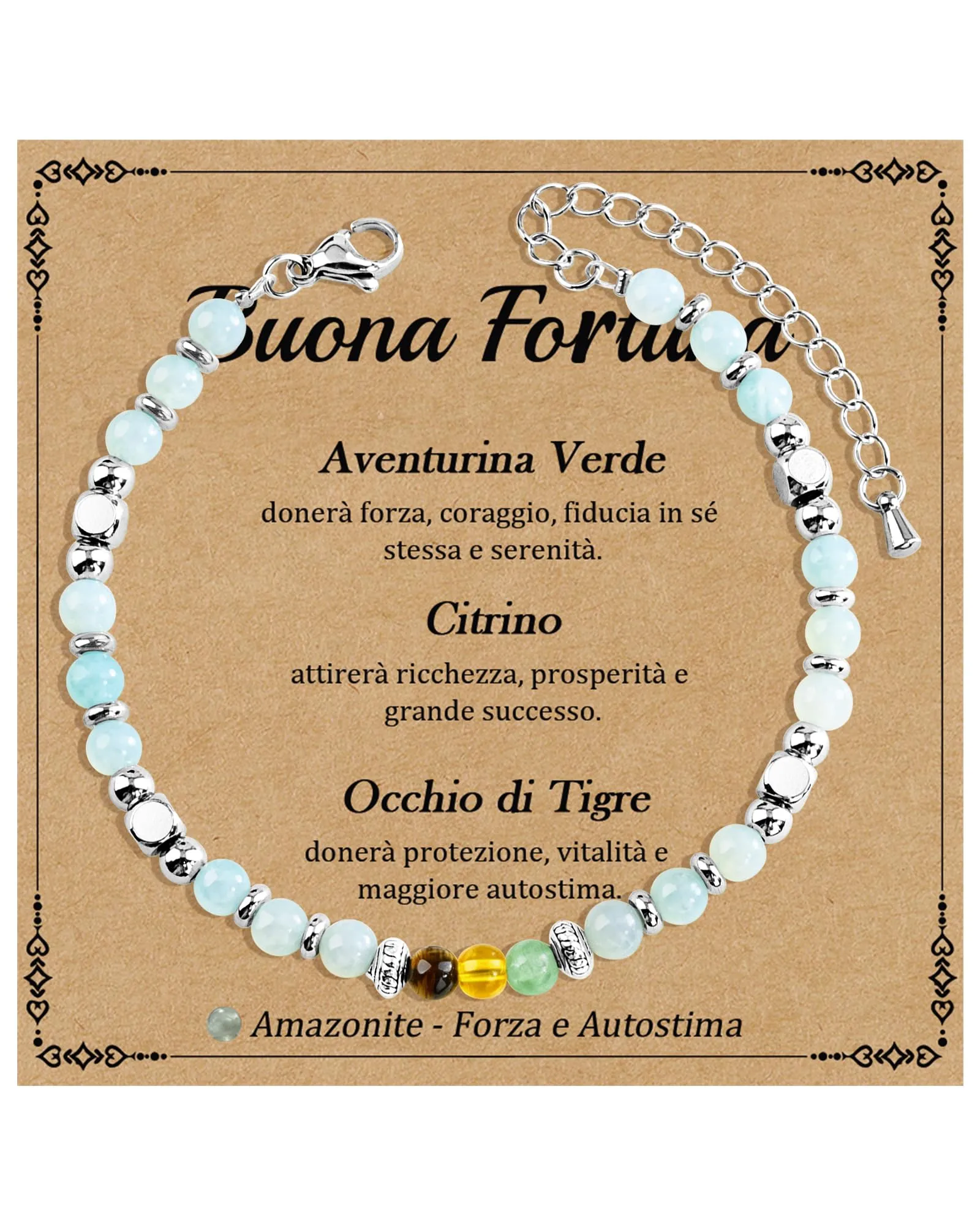 Cheerslife Bracciale Donna in Pietre Naturali (Aventurina, Citrino, Occhio di Tigre, Amazonite) 16+5 cm - immagine 1