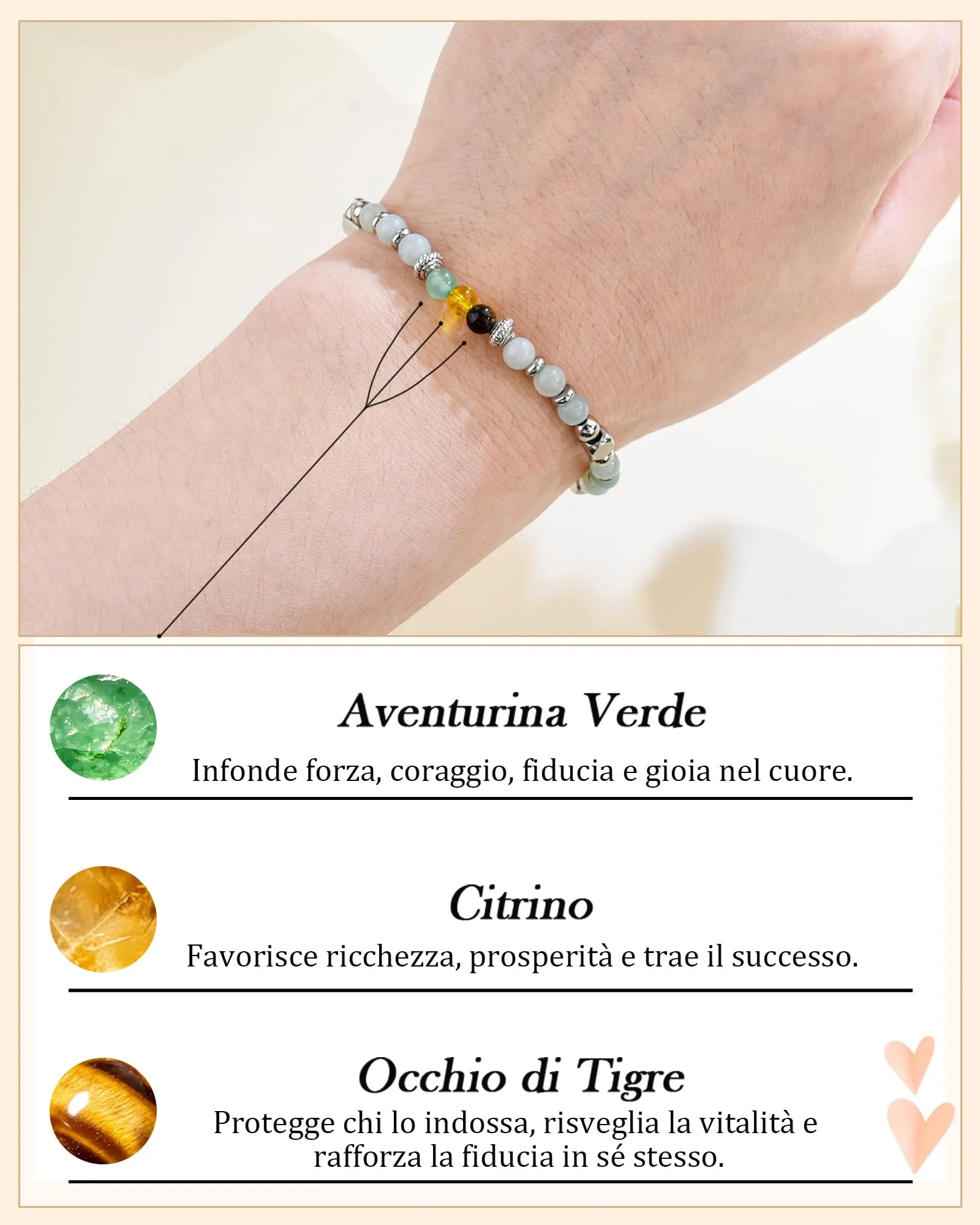 Cheerslife Bracciale Donna in Pietre Naturali (Aventurina, Citrino, Occhio di Tigre, Amazonite) 16+5 cm - immagine 3