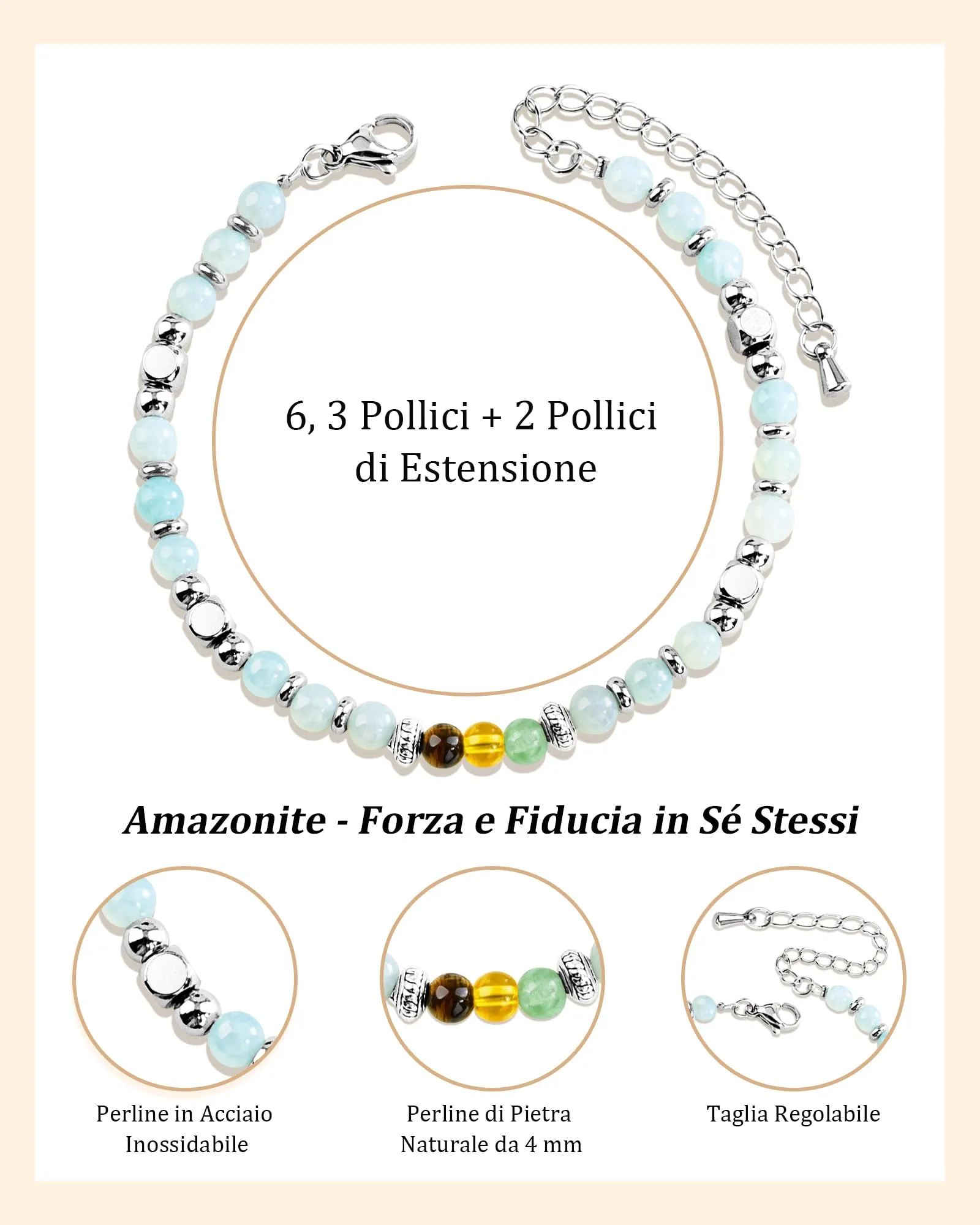 Cheerslife Bracciale Donna in Pietre Naturali (Aventurina, Citrino, Occhio di Tigre, Amazonite) 16+5 cm - immagine 5