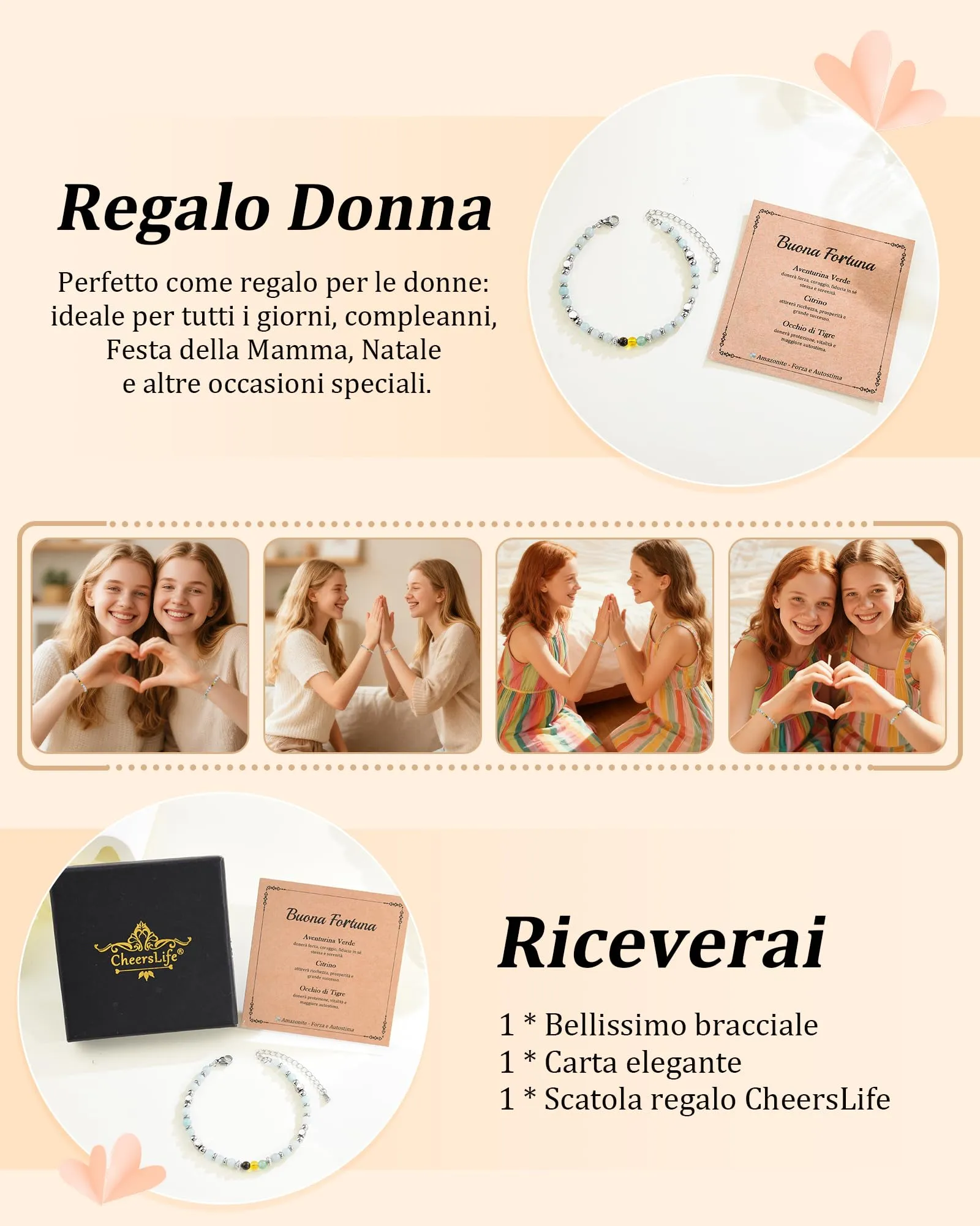 Cheerslife Bracciale Donna in Pietre Naturali (Aventurina, Citrino, Occhio di Tigre, Amazonite) 16+5 cm - immagine 6