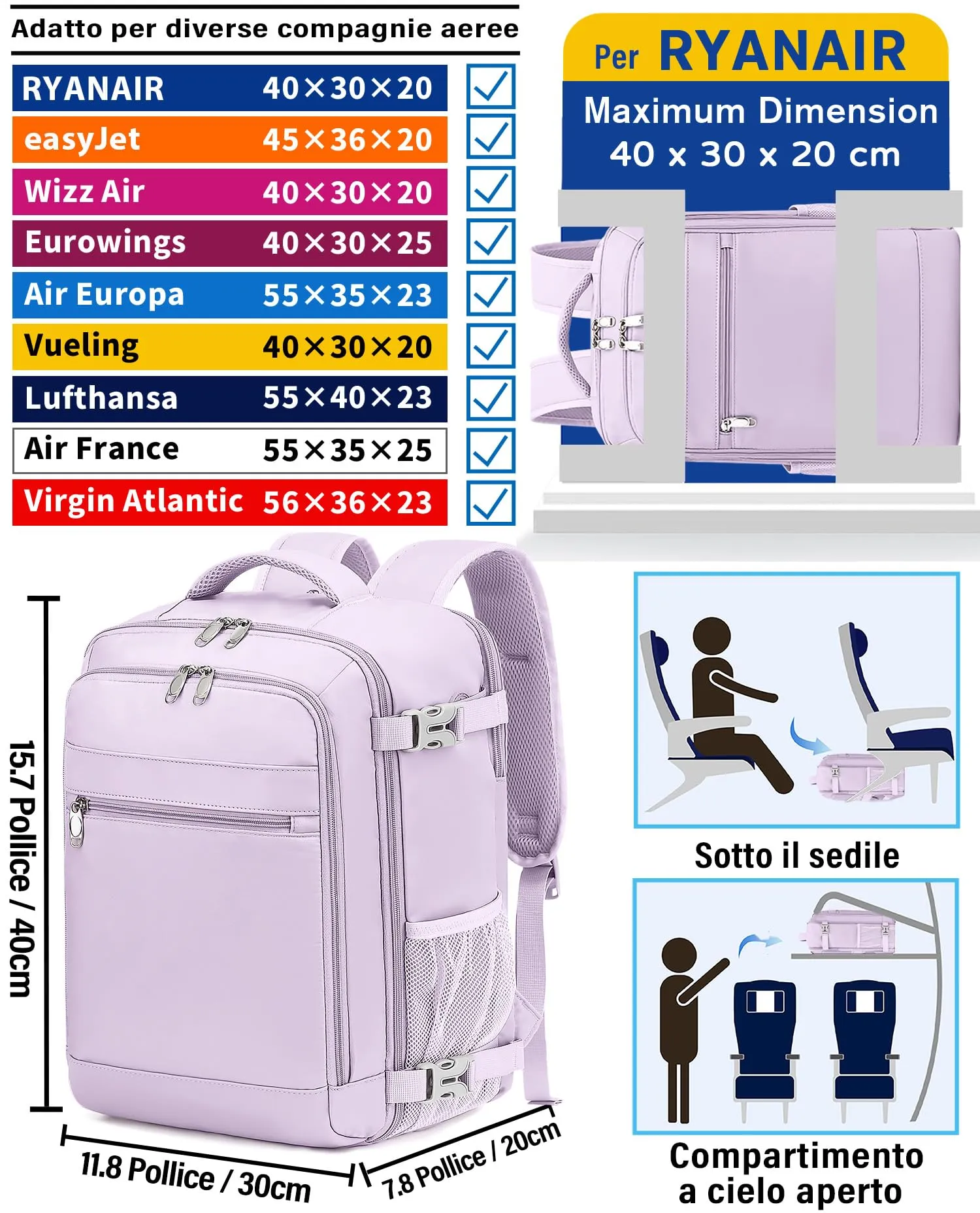 KLOSTAIN Zaino Bagaglio a Mano 40x30x20 per Ryanair EasyJet Wizz Air Eurowings, 24L con Porta Computer 15,6 Pollici, Viola Chiara - immagine 2