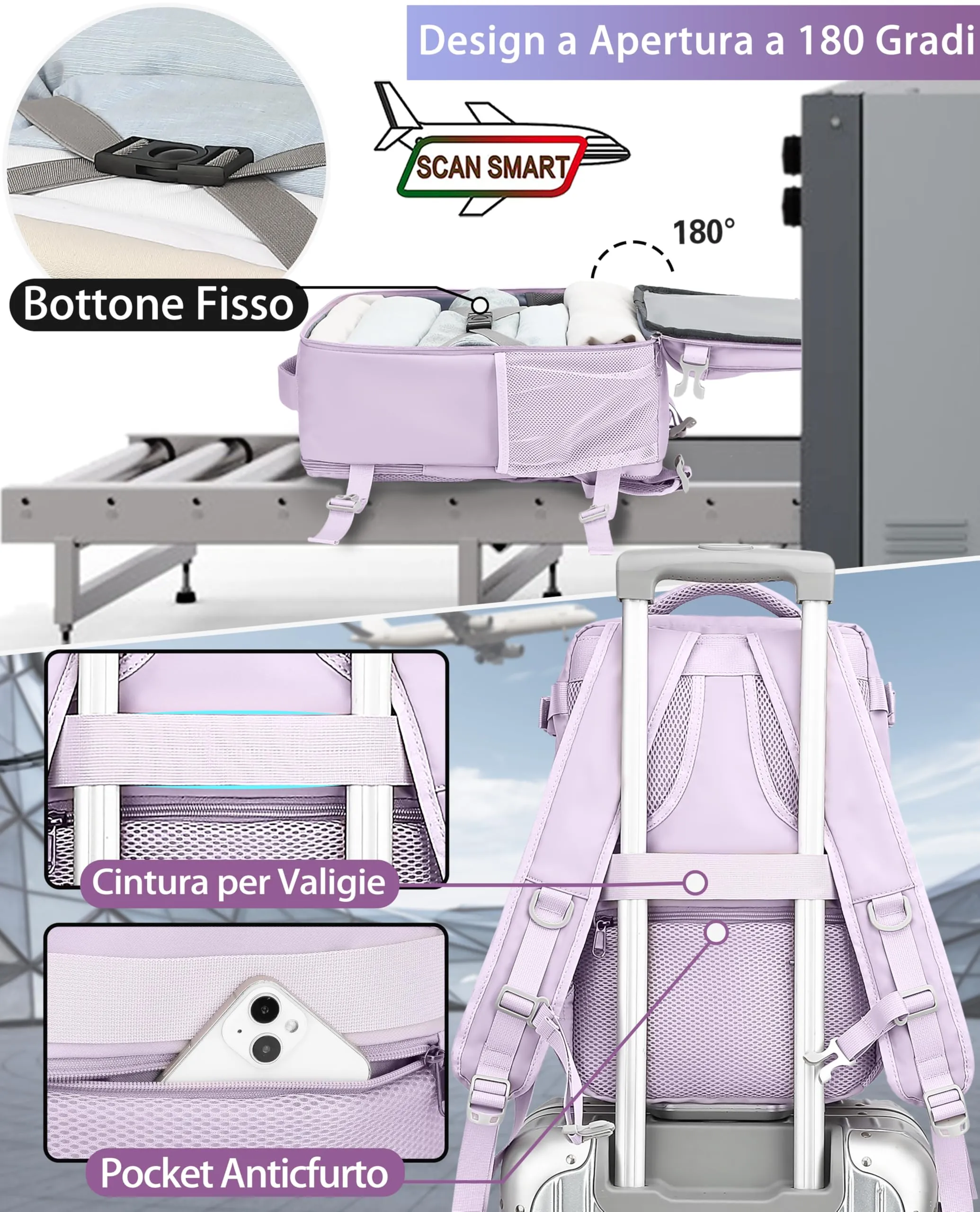 KLOSTAIN Zaino Bagaglio a Mano 40x30x20 per Ryanair EasyJet Wizz Air Eurowings, 24L con Porta Computer 15,6 Pollici, Viola Chiara - immagine 3