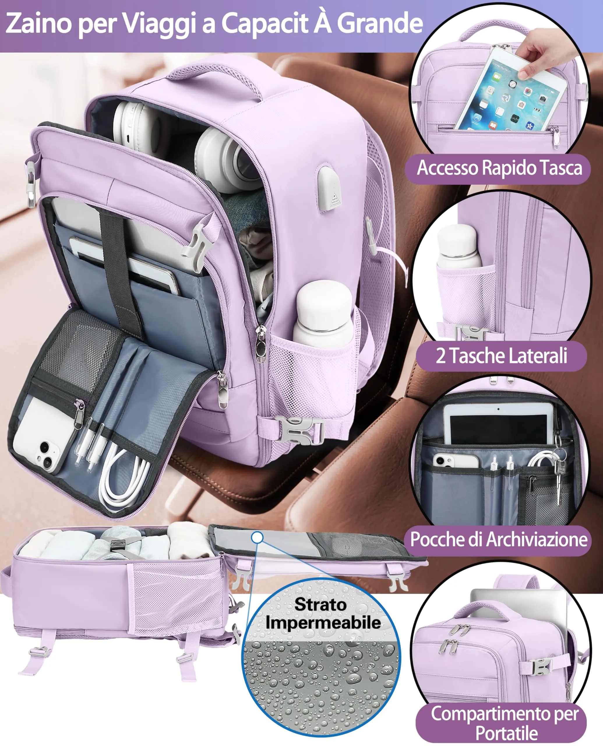 KLOSTAIN Zaino Bagaglio a Mano 40x30x20 per Ryanair EasyJet Wizz Air Eurowings, 24L con Porta Computer 15,6 Pollici, Viola Chiara - immagine 4