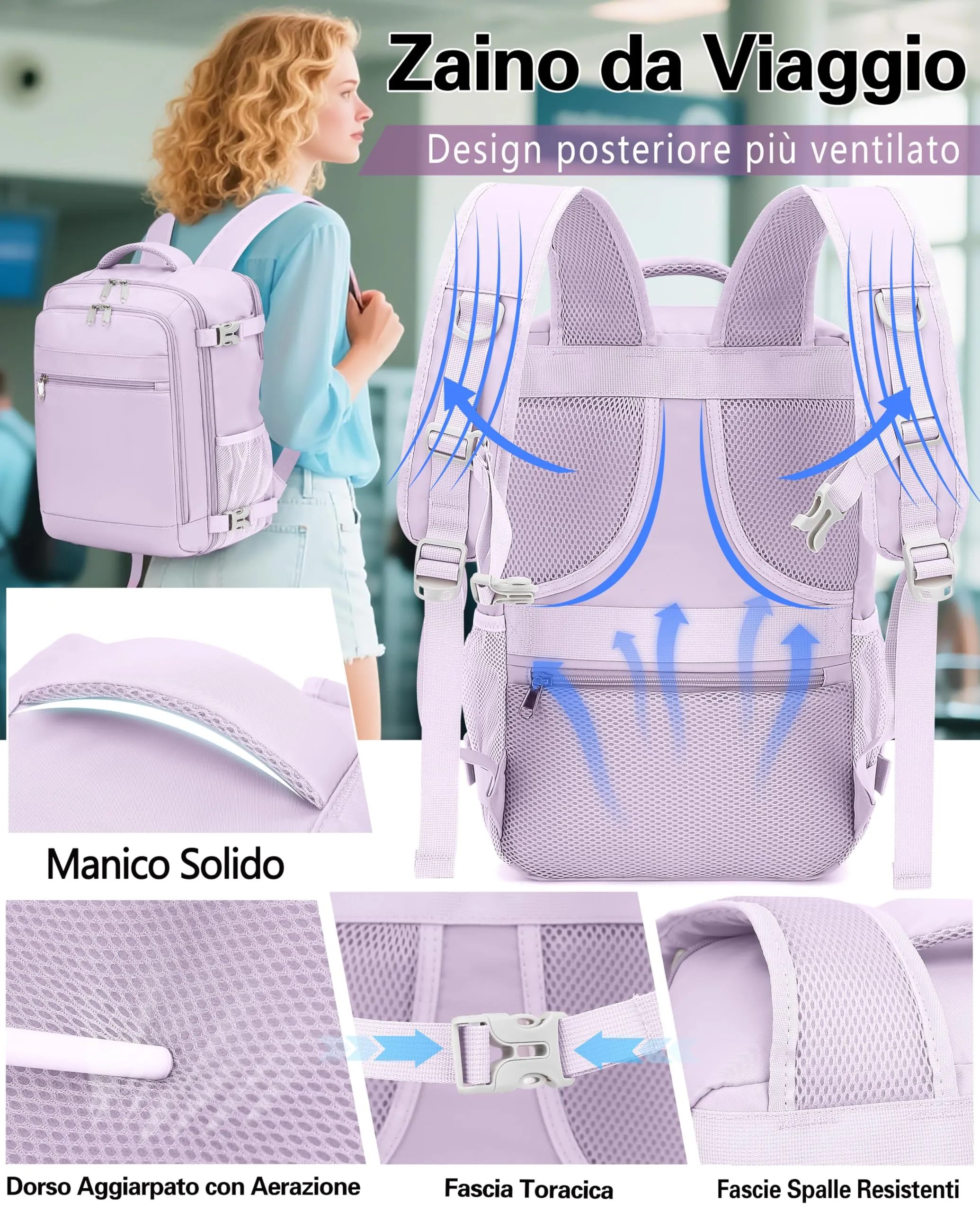 KLOSTAIN Zaino Bagaglio a Mano 40x30x20 per Ryanair EasyJet Wizz Air Eurowings, 24L con Porta Computer 15,6 Pollici, Viola Chiara - immagine 5
