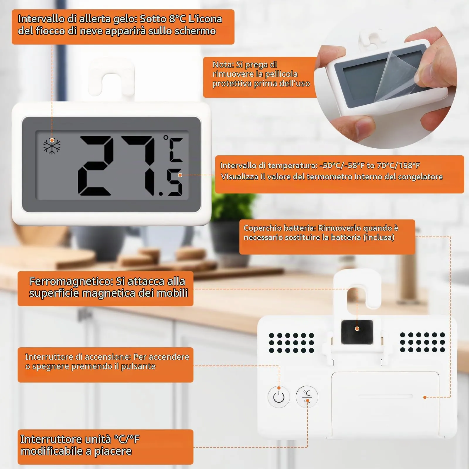 AiQInu Termometro Digitale Mini per Frigorifero e Congelatore, Magnetico con Gancio, -50°C a +70°C - immagine 3