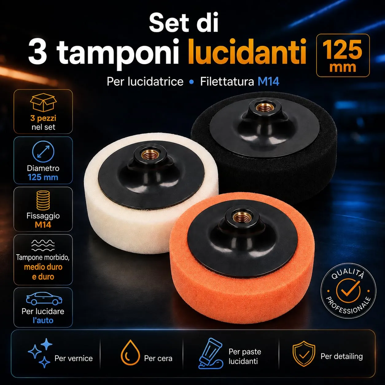 INfloo Set 3 Tamponi Lucidatura Auto 125 mm M14, Spugne Morbida Media Dura per Polish, Compound e Cera - immagine 2