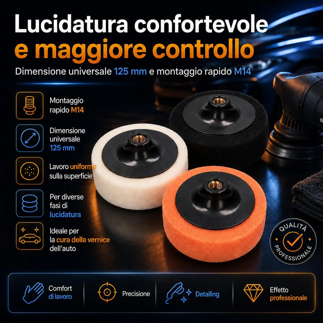INfloo Set 3 Tamponi Lucidatura Auto 125 mm M14, Spugne Morbida Media Dura per Polish, Compound e Cera - immagine 4