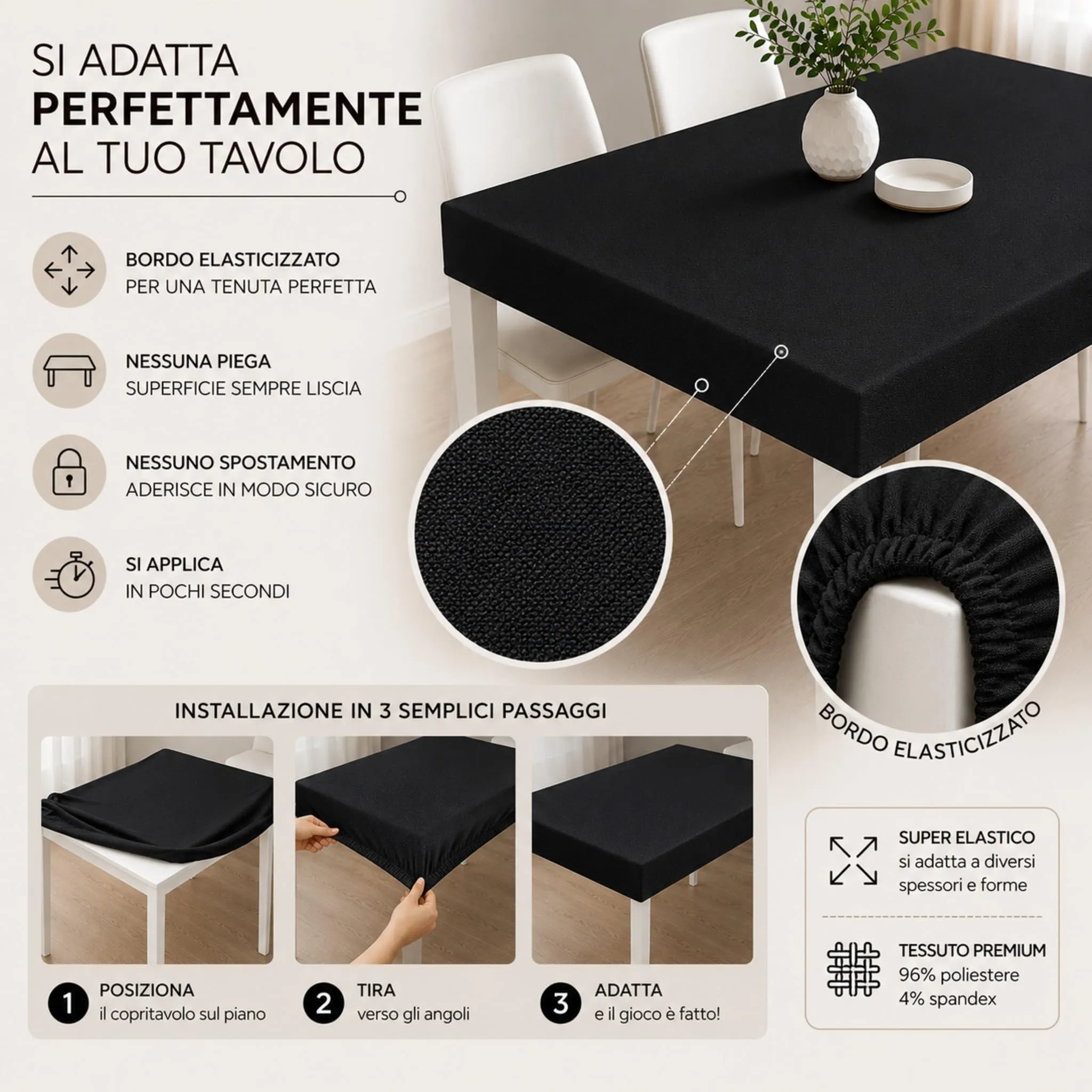 Buccia di Mela Copritavolo Elasticizzato, Nero, 12 Posti - immagine 2