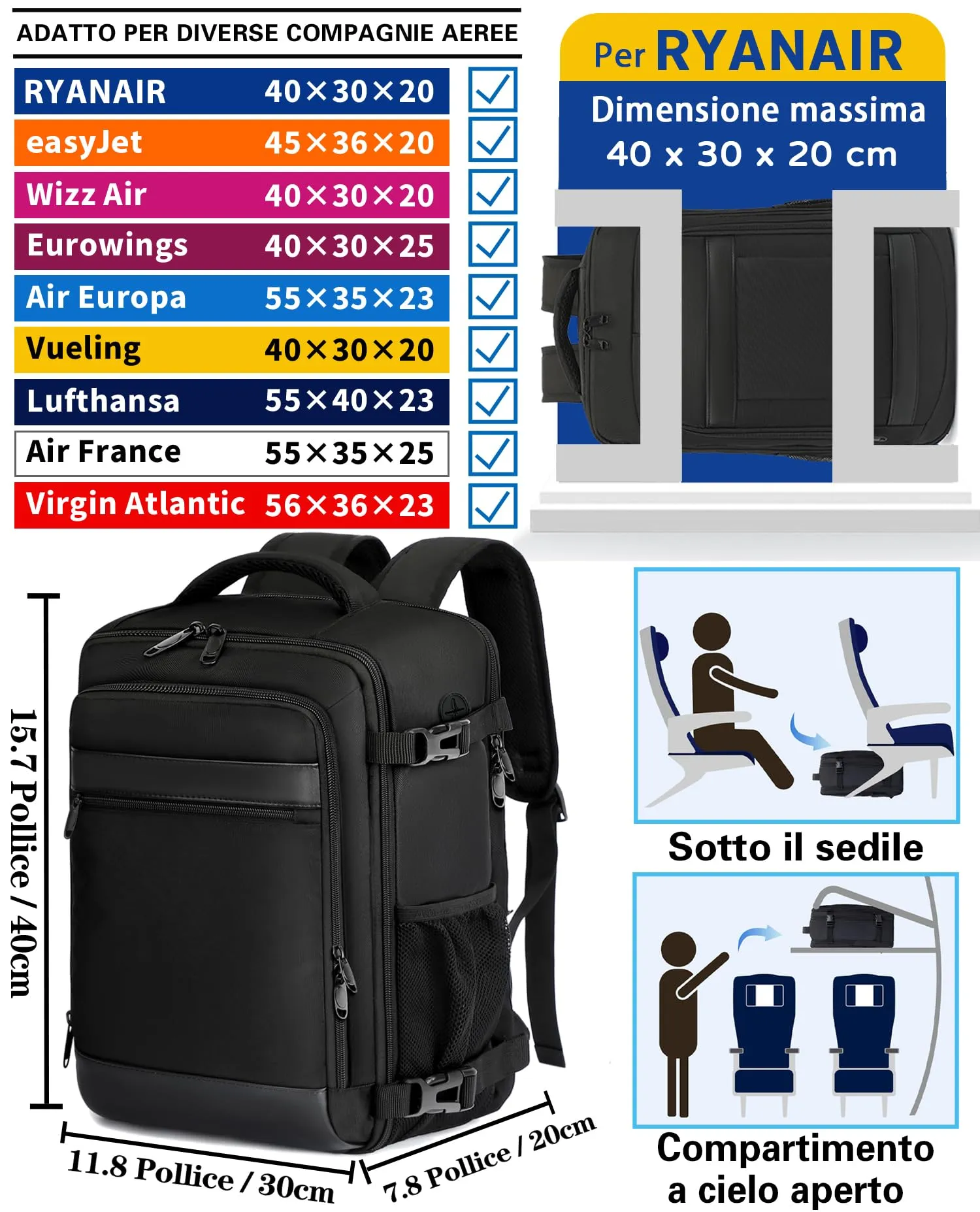 KLOSTAIN Zaino Bagaglio a Mano 40x30x20cm 24L per Ryanair EasyJet Wizz Air Eurowings, Porta Computer 15,6 Pollici, Nero - immagine 2