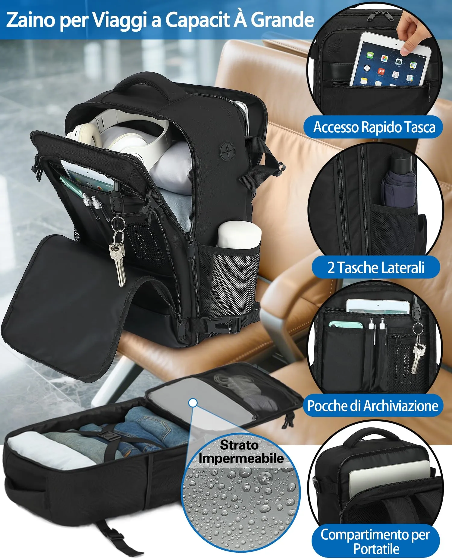 KLOSTAIN Zaino Bagaglio a Mano 40x30x20cm 24L per Ryanair EasyJet Wizz Air Eurowings, Porta Computer 15,6 Pollici, Nero - immagine 4
