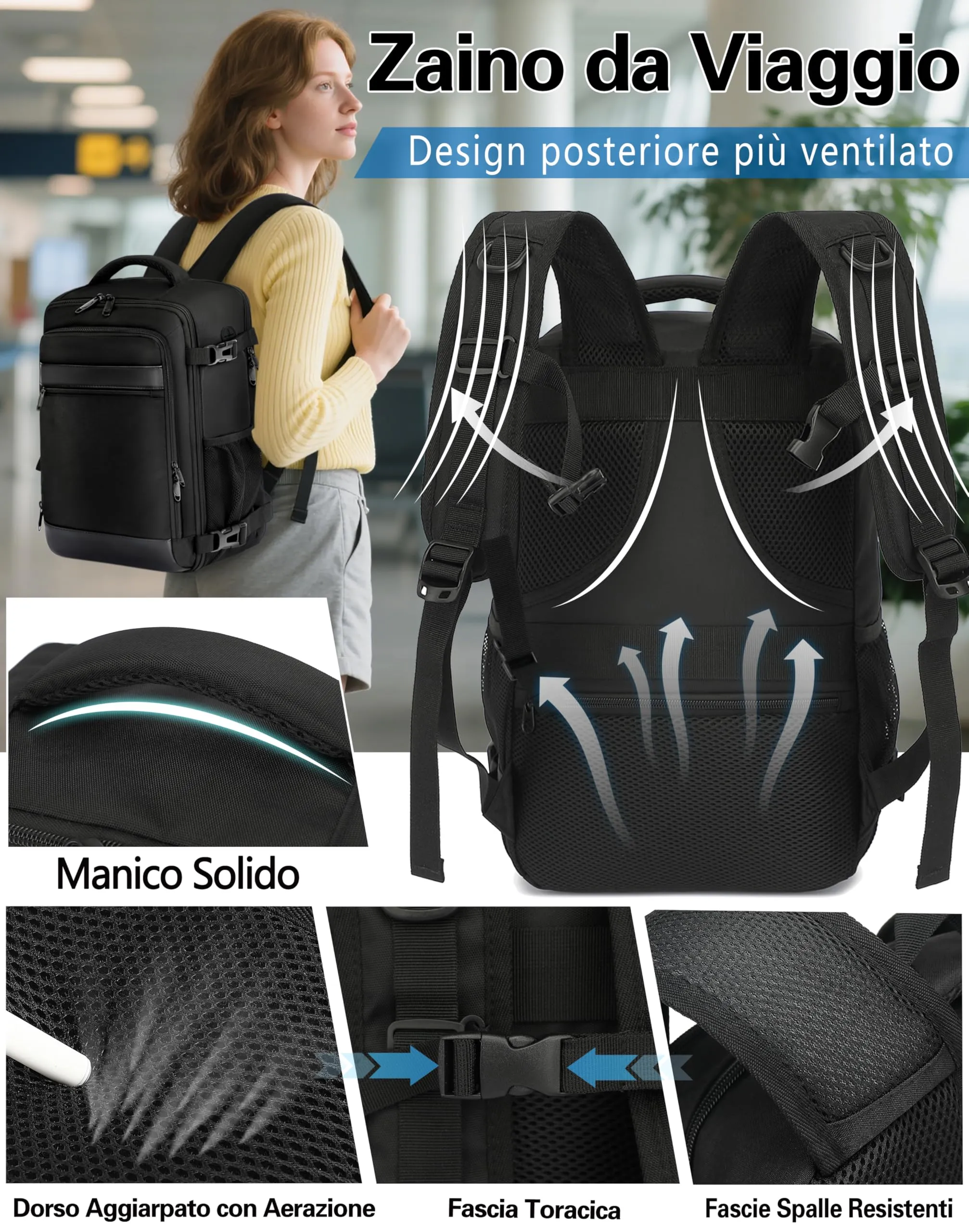 KLOSTAIN Zaino Bagaglio a Mano 40x30x20cm 24L per Ryanair EasyJet Wizz Air Eurowings, Porta Computer 15,6 Pollici, Nero - immagine 5