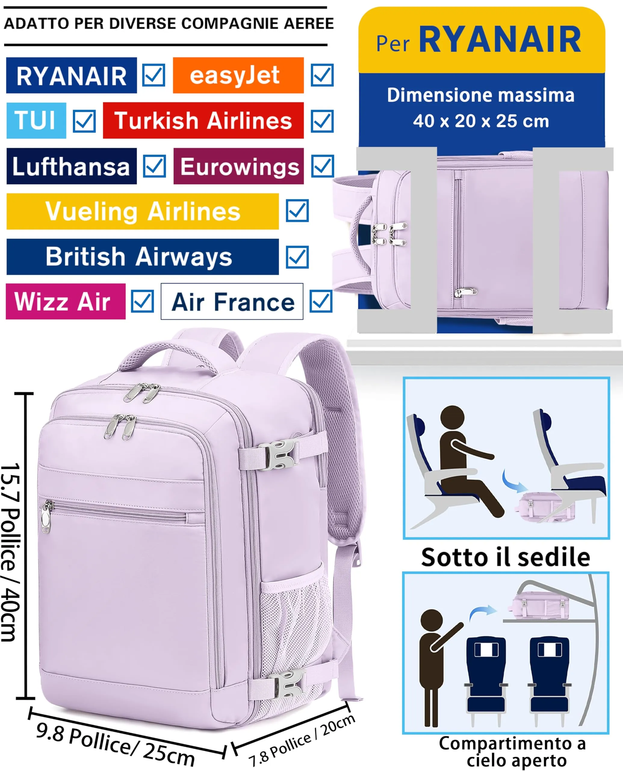 KLOSTAIN Zaino Ryanair 40x20x25 Bagaglio a Mano 20L con Porta PC 14 Pollici, Viola Chiara - immagine 2
