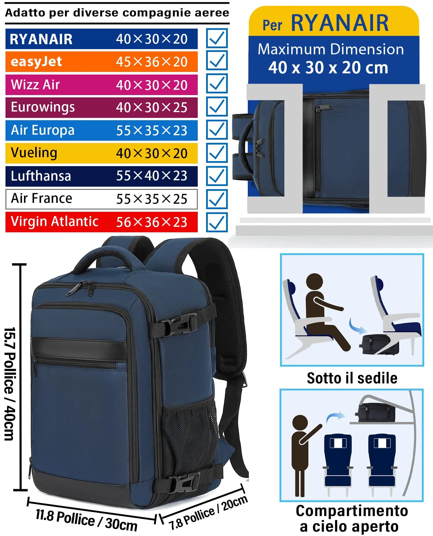 KLOSTAIN Zaino Bagaglio a Mano 40x30x20 cm, 24L per Ryanair EasyJet Wizz Air Eurowings, Porta Computer 15,6 Pollici, Blu Profondo - immagine 2