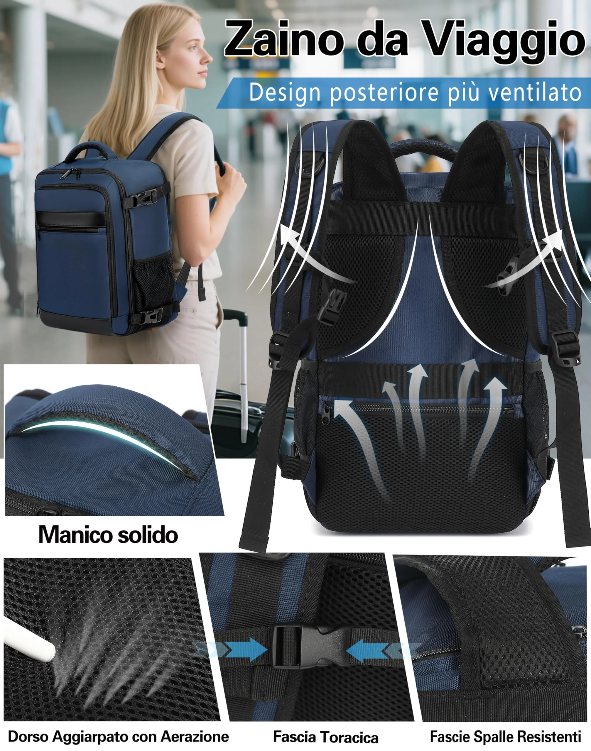 KLOSTAIN Zaino Bagaglio a Mano 40x30x20 cm, 24L per Ryanair EasyJet Wizz Air Eurowings, Porta Computer 15,6 Pollici, Blu Profondo - immagine 5