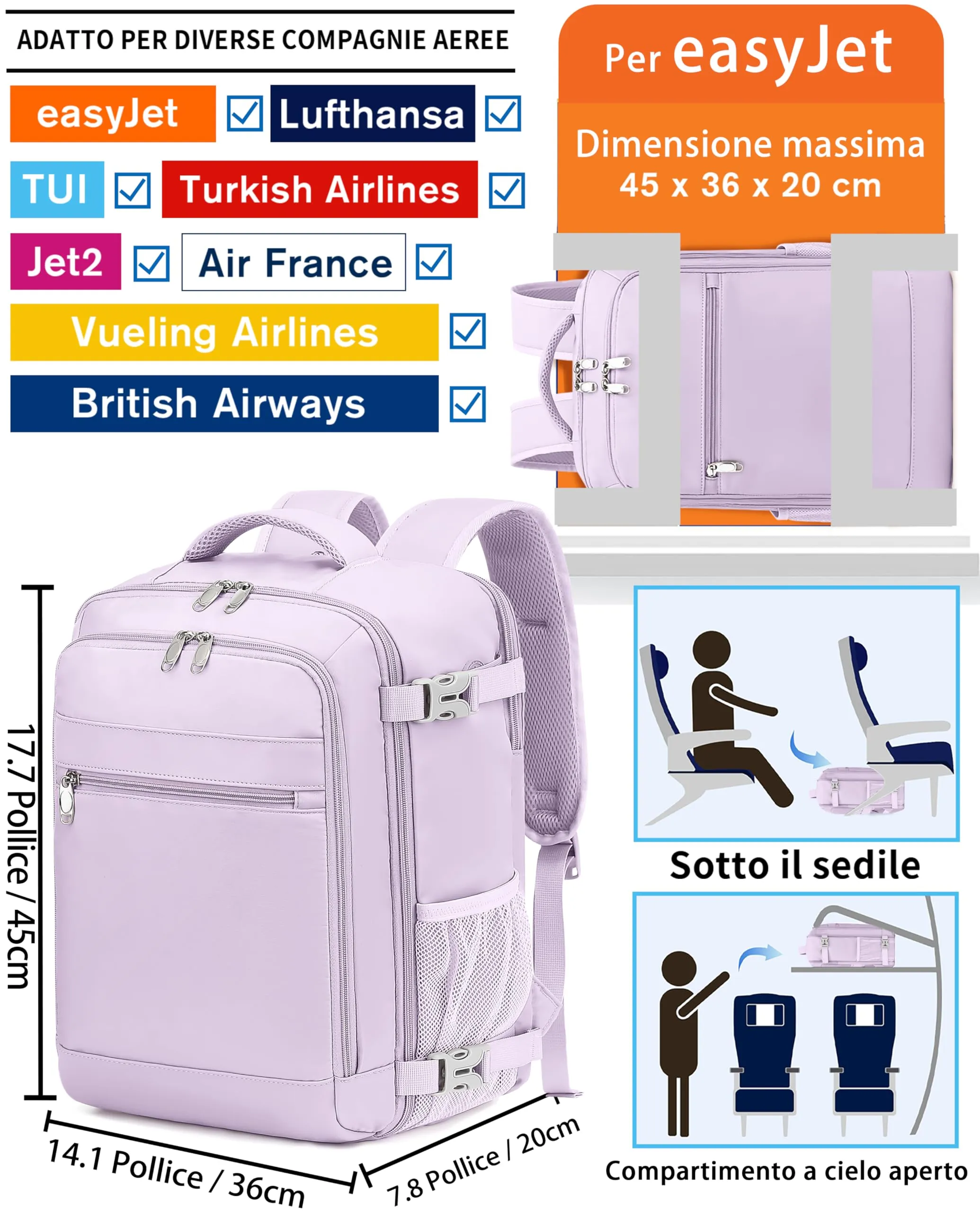 KLOSTAIN Zaino da Viaggio Easyjet 45x36x20, Bagaglio a Mano 30L con Porta PC 15.6 Pollici, Viola Chiara - immagine 2