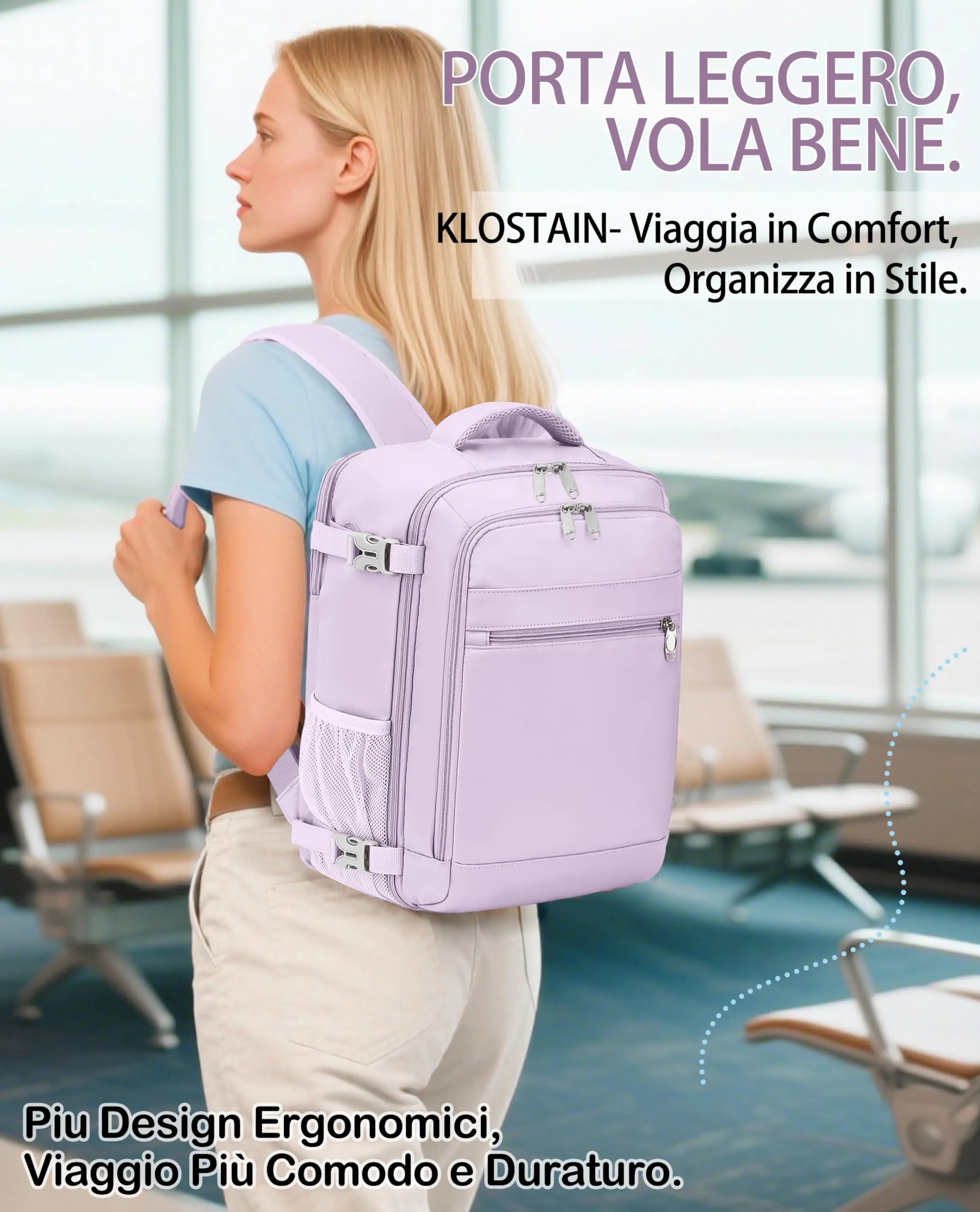 KLOSTAIN Zaino da Viaggio Easyjet 45x36x20, Bagaglio a Mano 30L con Porta PC 15.6 Pollici, Viola Chiara - immagine 6