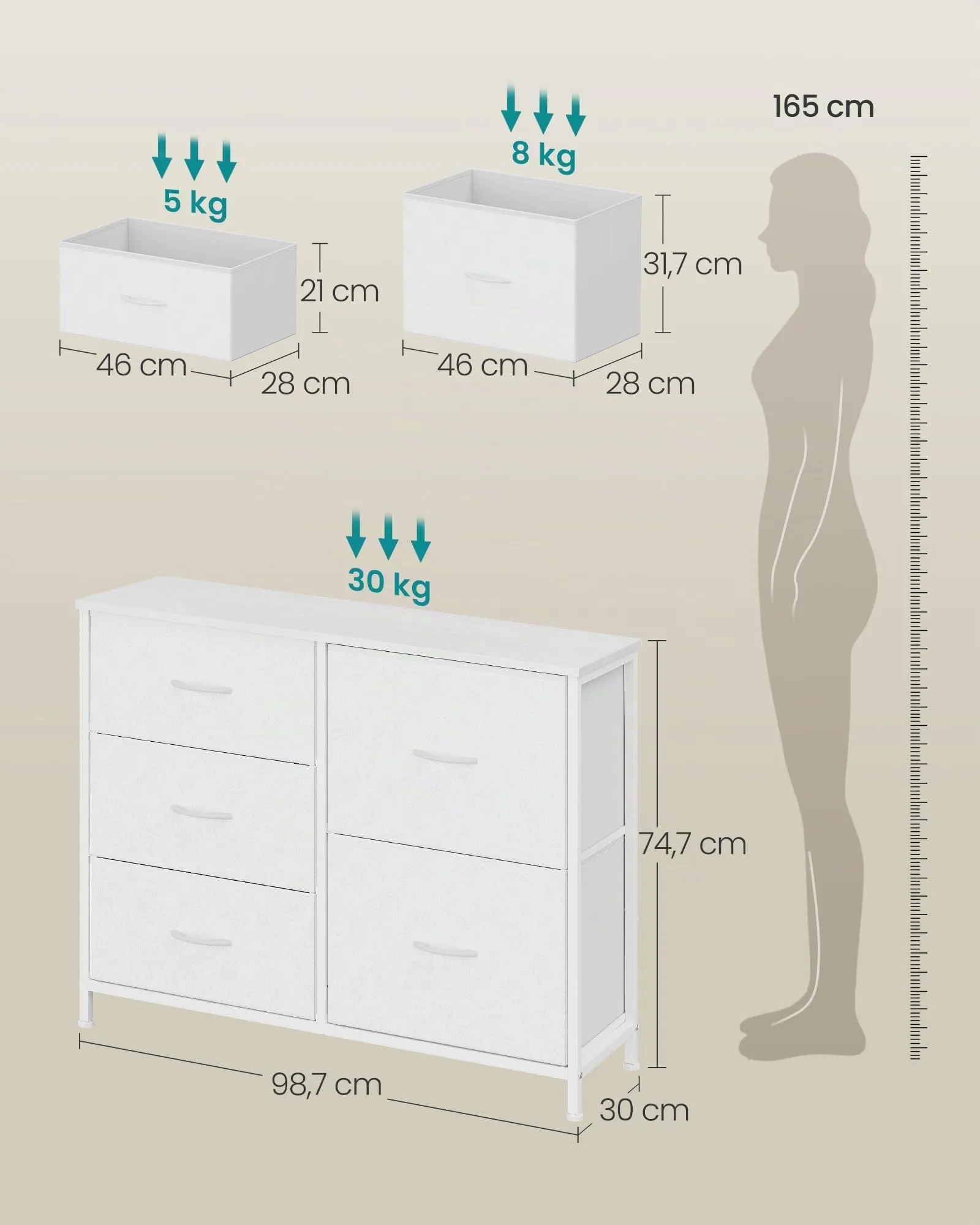 SONGMICS Cassettiera con 5 Cassetti in Tessuto, Struttura in Acciaio, 98,7 x 30 x 74,7 cm, Bianco Nuvola, LGS235W101 - immagine 3