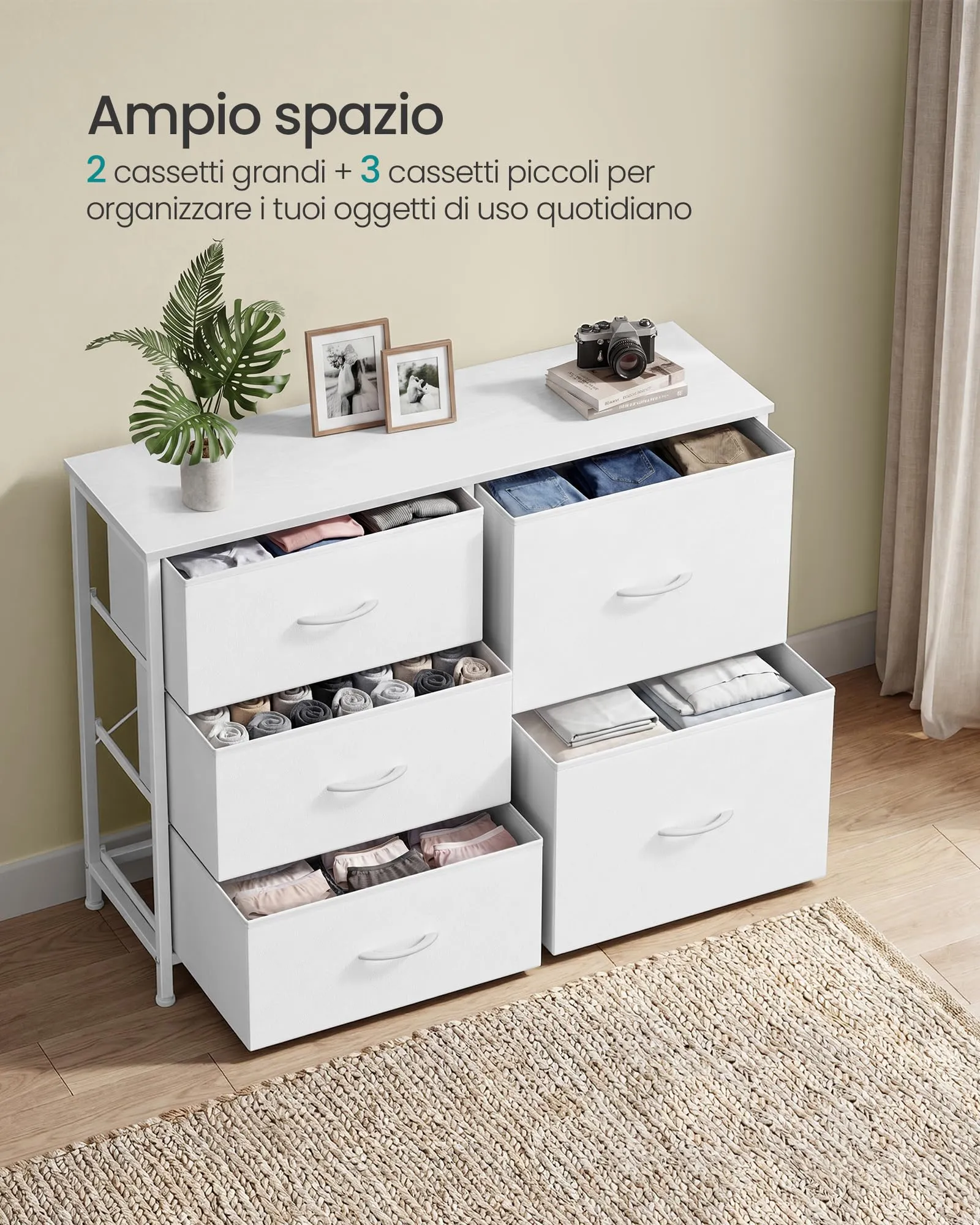 SONGMICS Cassettiera con 5 Cassetti in Tessuto, Struttura in Acciaio, 98,7 x 30 x 74,7 cm, Bianco Nuvola, LGS235W101 - immagine 4