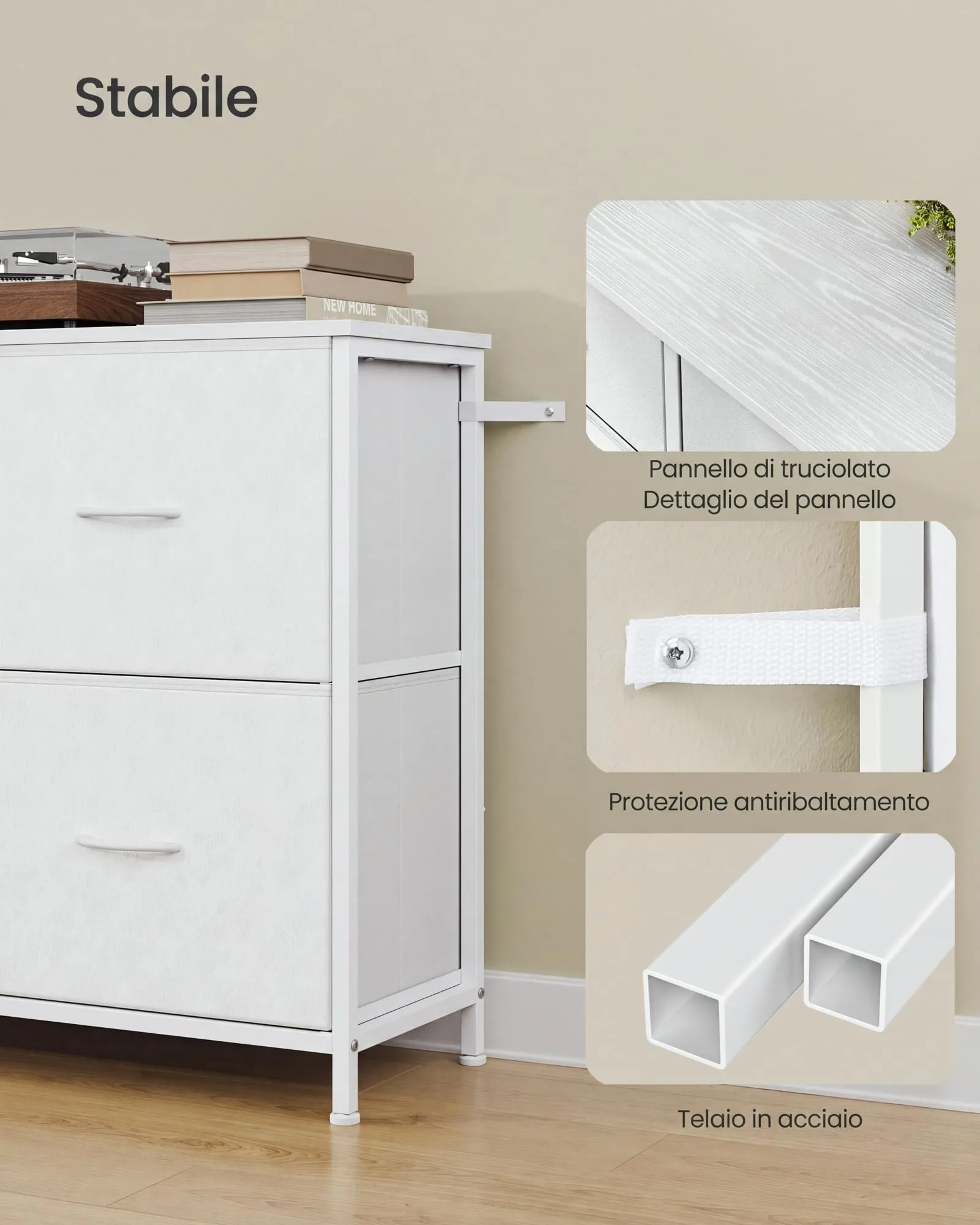SONGMICS Cassettiera con 5 Cassetti in Tessuto, Struttura in Acciaio, 98,7 x 30 x 74,7 cm, Bianco Nuvola, LGS235W101 - immagine 6