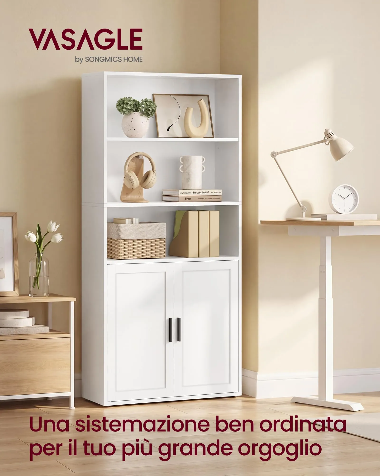 VASAGLE Libreria a 5 Ripiani con Anta, 60 x 24 x 145,9 cm, Bianco - immagine 2