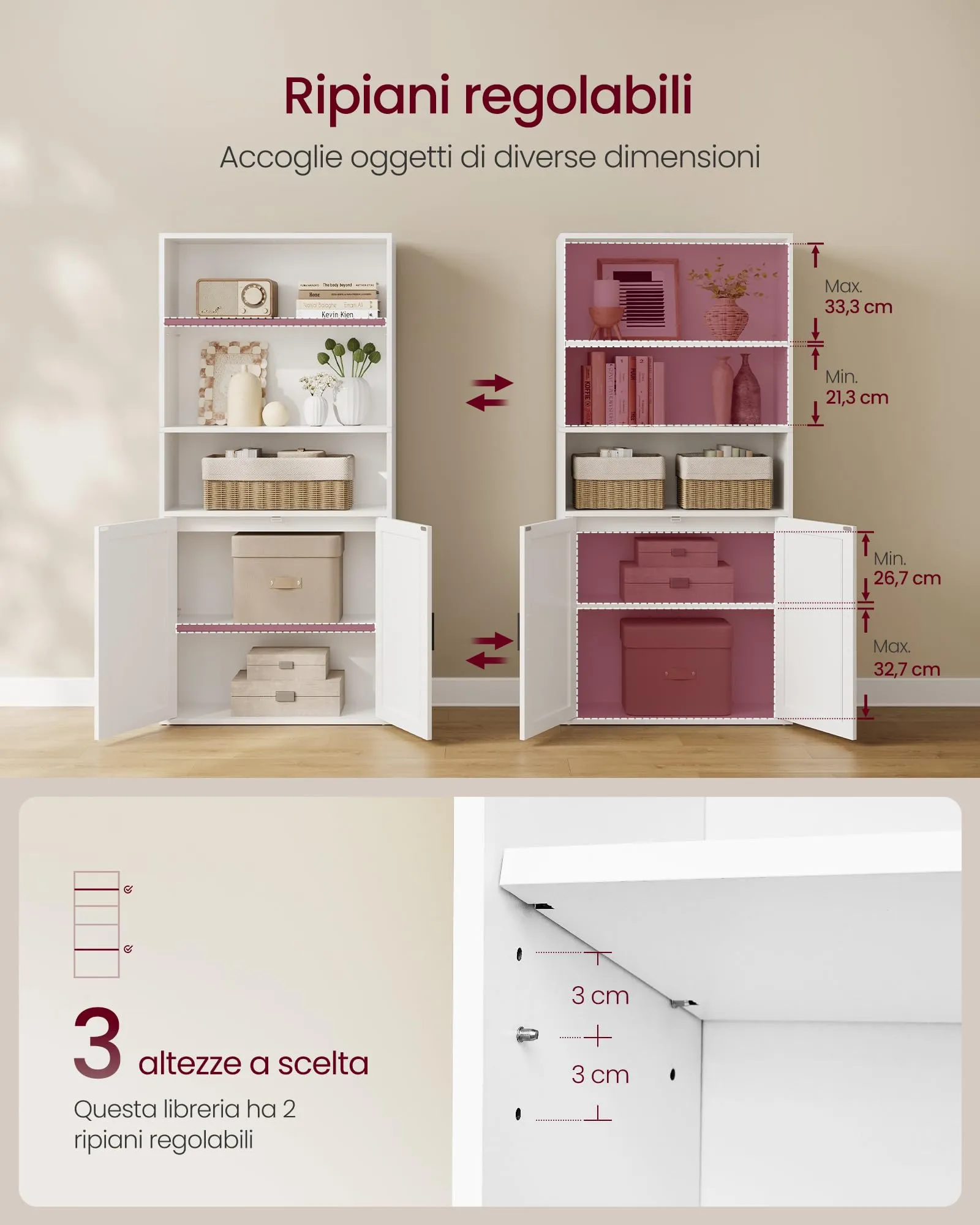 VASAGLE Libreria a 5 Ripiani con Anta, 60 x 24 x 145,9 cm, Bianco - immagine 3