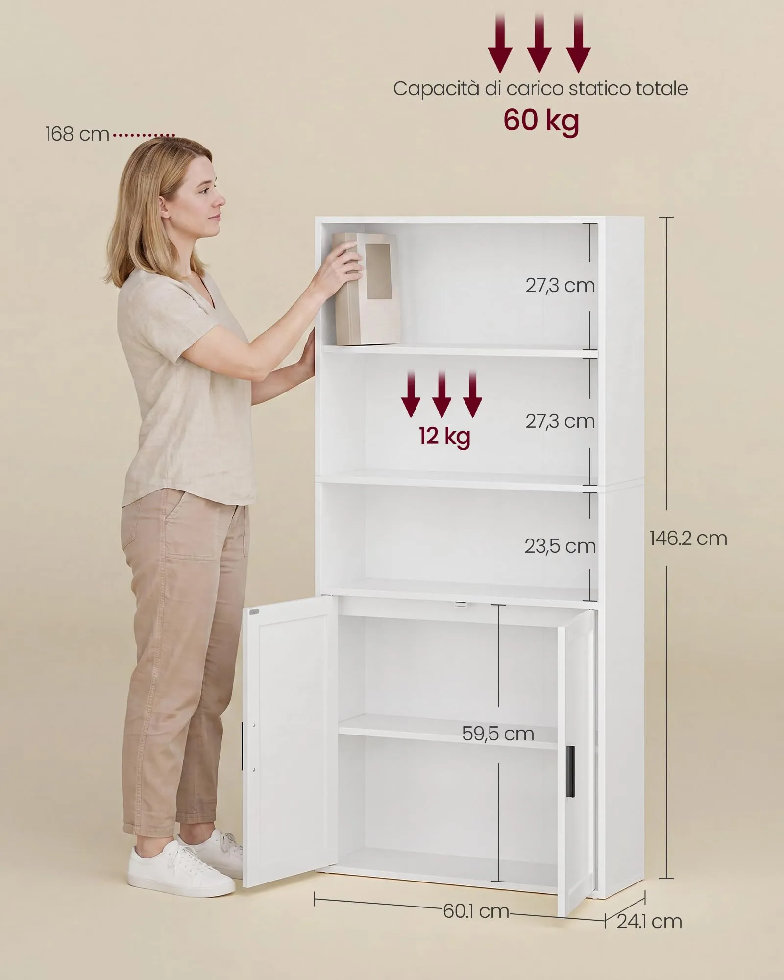 VASAGLE Libreria a 5 Ripiani con Anta, 60 x 24 x 145,9 cm, Bianco - immagine 6