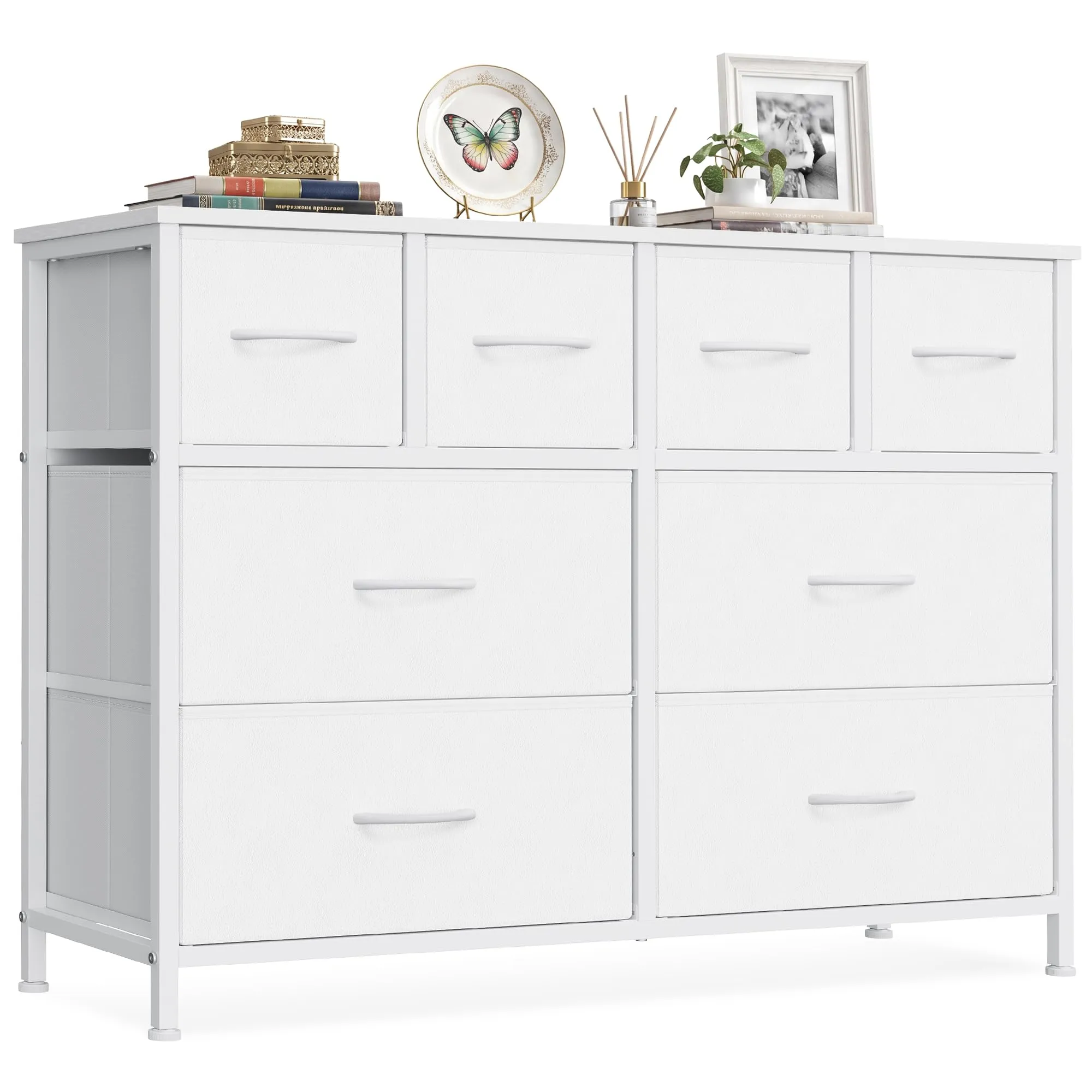 SONGMICS Cassettiera con 8 Cassetti in Tessuto e Acciaio, 98.7 x 30 x 74.7 cm, Bianco Nuvola, LGS234W101 - immagine 1