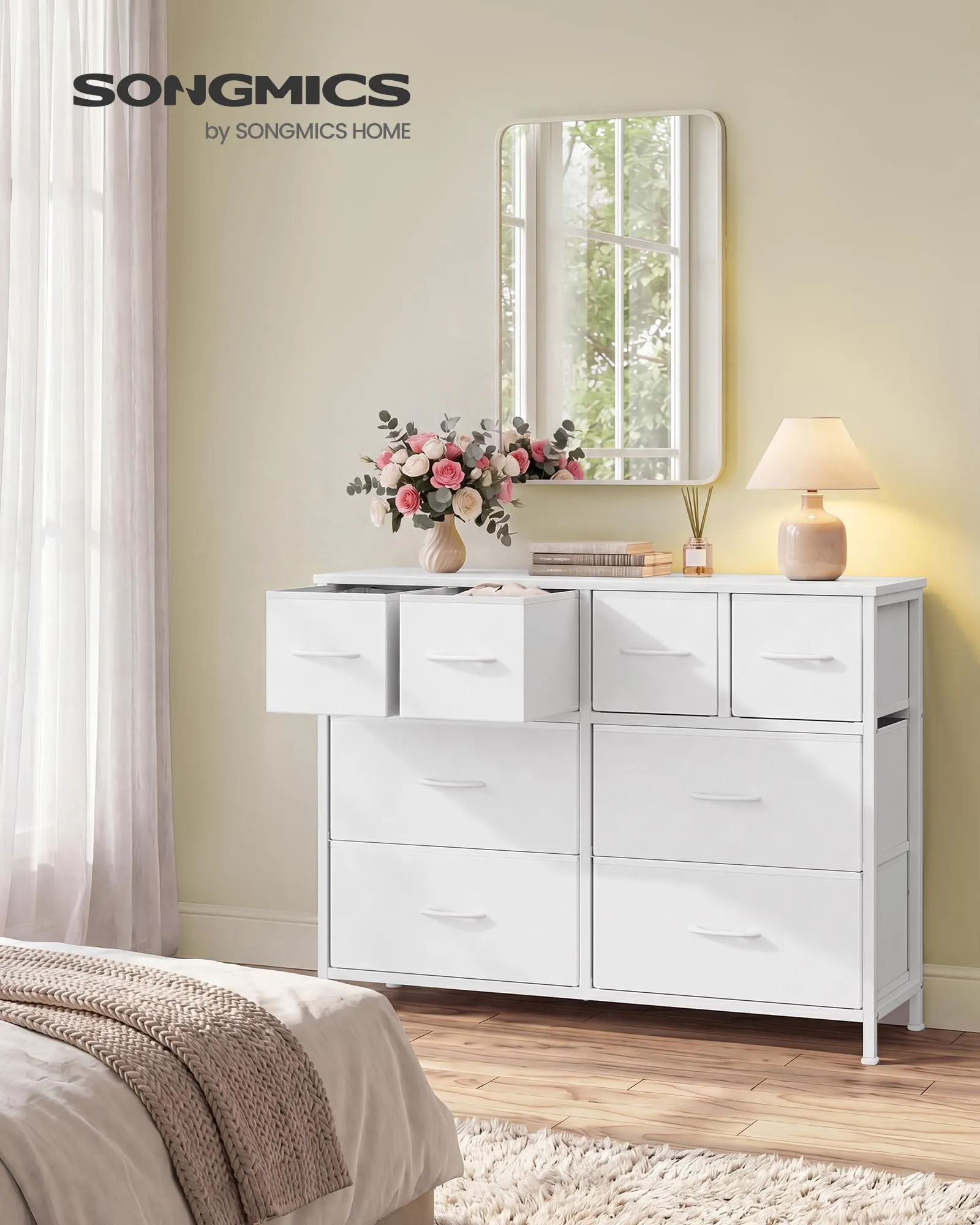 SONGMICS Cassettiera con 8 Cassetti in Tessuto e Acciaio, 98.7 x 30 x 74.7 cm, Bianco Nuvola, LGS234W101 - immagine 2
