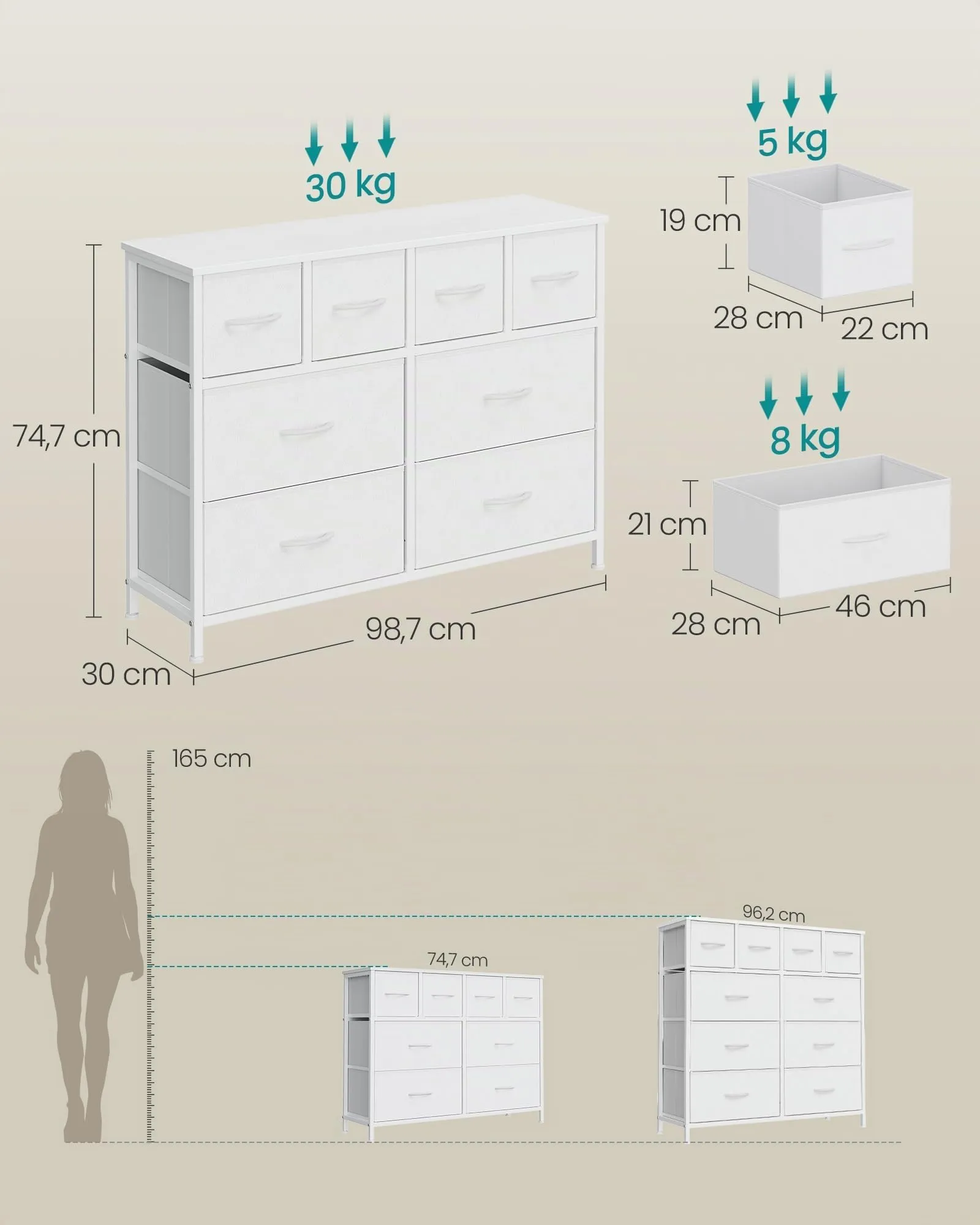 SONGMICS Cassettiera con 8 Cassetti in Tessuto e Acciaio, 98.7 x 30 x 74.7 cm, Bianco Nuvola, LGS234W101 - immagine 3
