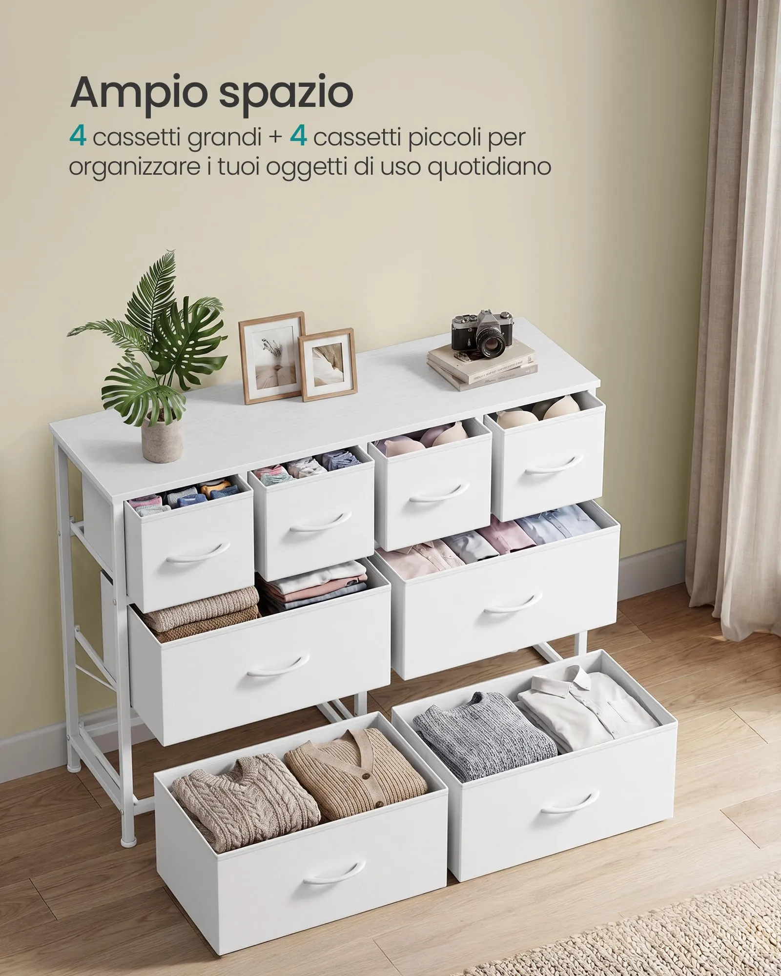 SONGMICS Cassettiera con 8 Cassetti in Tessuto e Acciaio, 98.7 x 30 x 74.7 cm, Bianco Nuvola, LGS234W101 - immagine 4