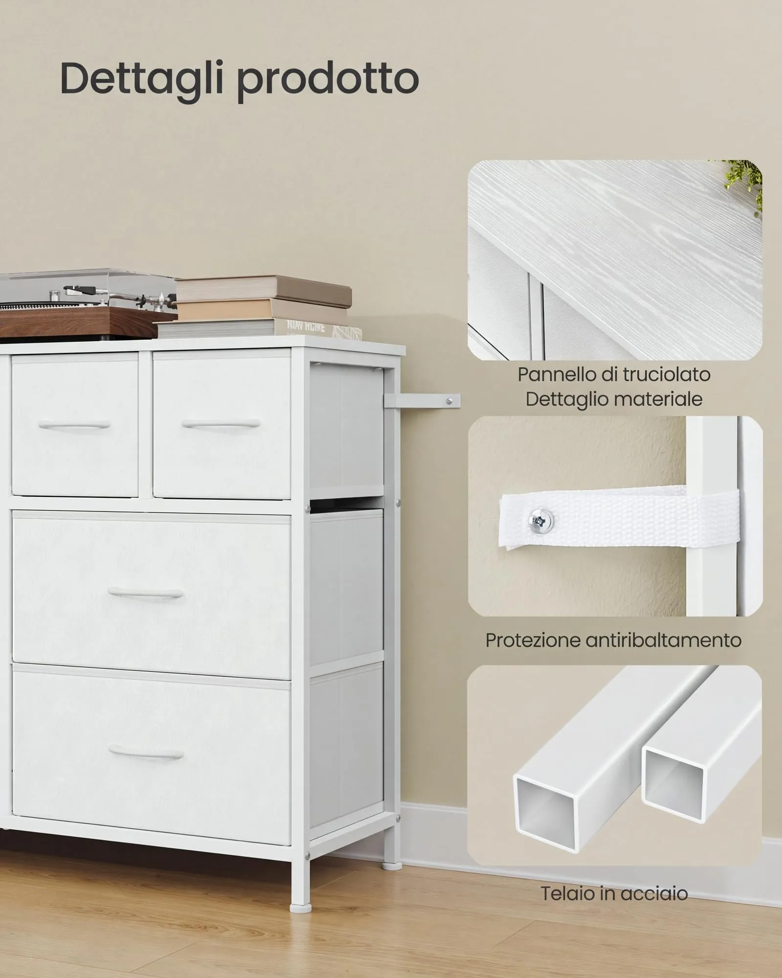 SONGMICS Cassettiera con 8 Cassetti in Tessuto e Acciaio, 98.7 x 30 x 74.7 cm, Bianco Nuvola, LGS234W101 - immagine 6