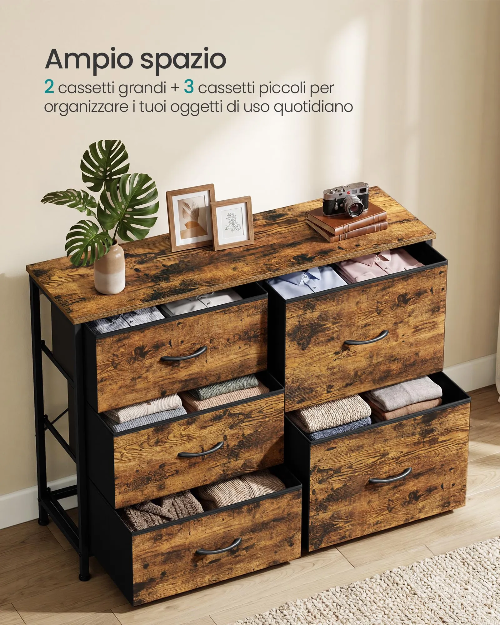 SONGMICS Cassettiera con 5 Cassetti in Tessuto, Struttura in Acciaio, Marrone Vintage, 98,7 x 30 x 74,7 cm, LGS235K101 - immagine 4