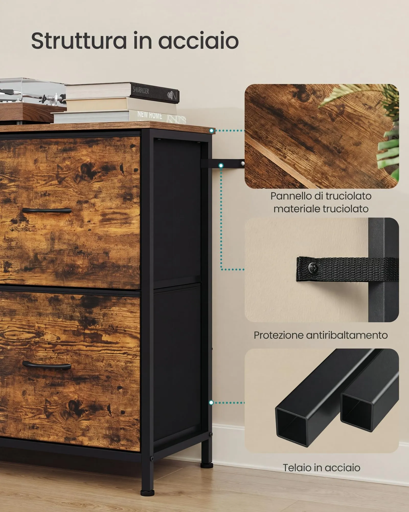 SONGMICS Cassettiera con 5 Cassetti in Tessuto, Struttura in Acciaio, Marrone Vintage, 98,7 x 30 x 74,7 cm, LGS235K101 - immagine 6