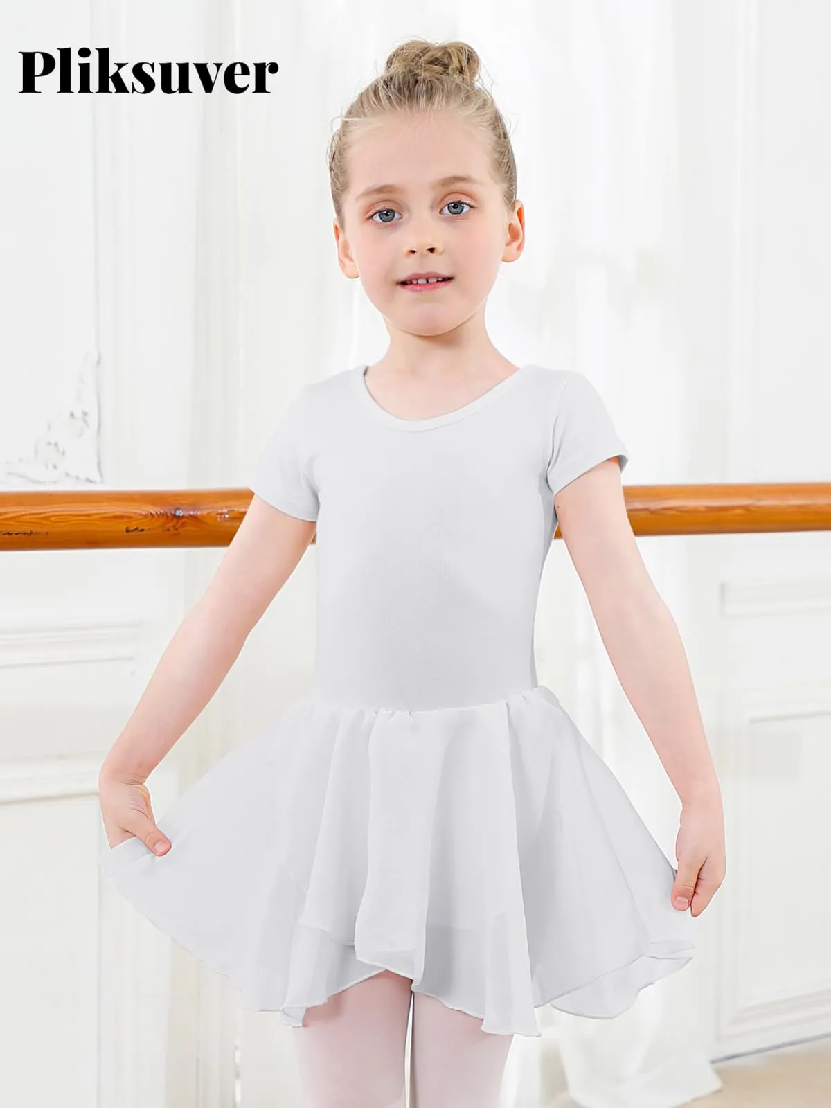 PLIKSUVER Abito da Danza per Bambina in Cotone e Chiffon, Bianco, 130 cm - immagine 2