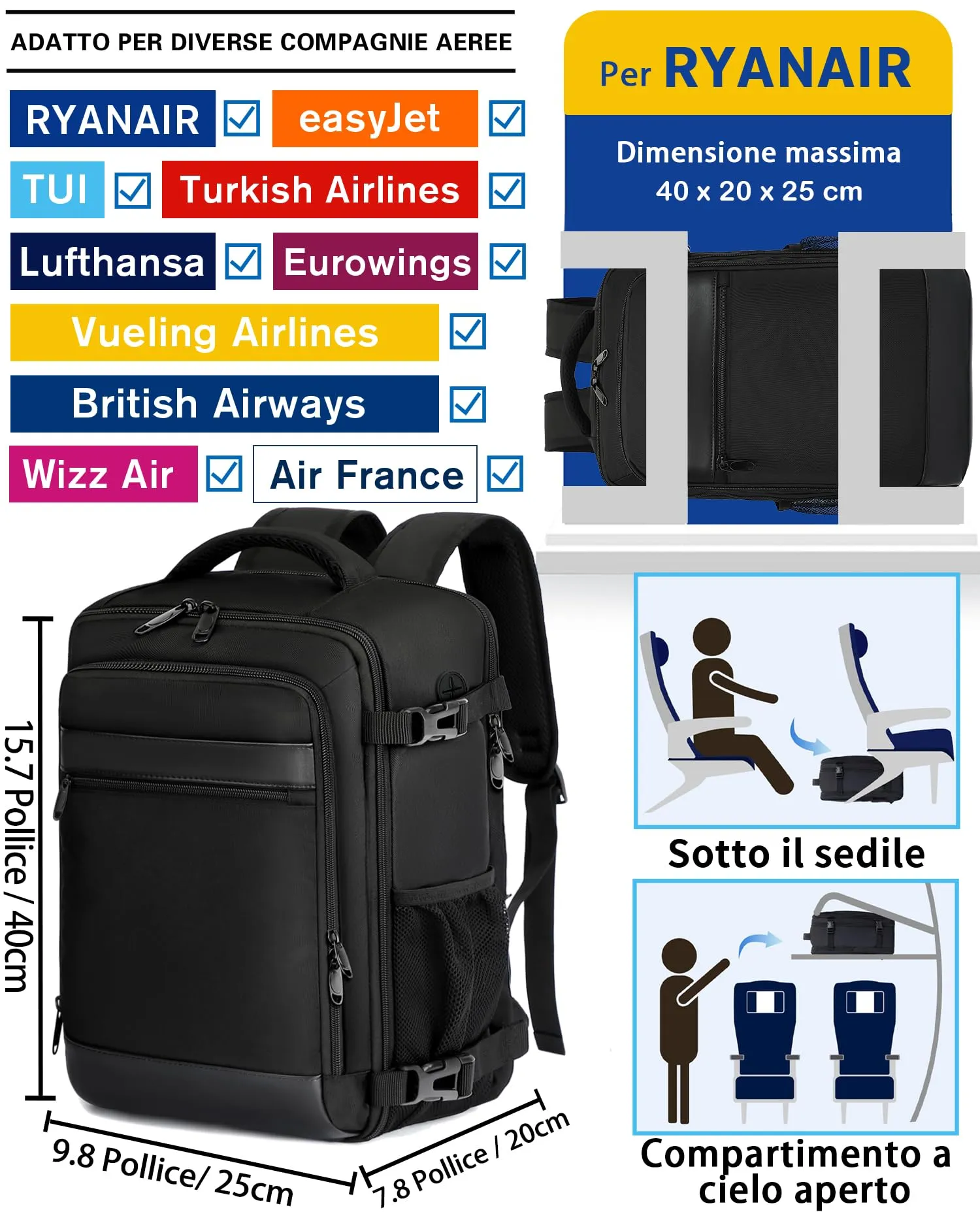 KLOSTAIN Zaino Ryanair 40x20x25 Bagaglio a Mano 20L Porta PC 14 Pollici, Nero - immagine 2