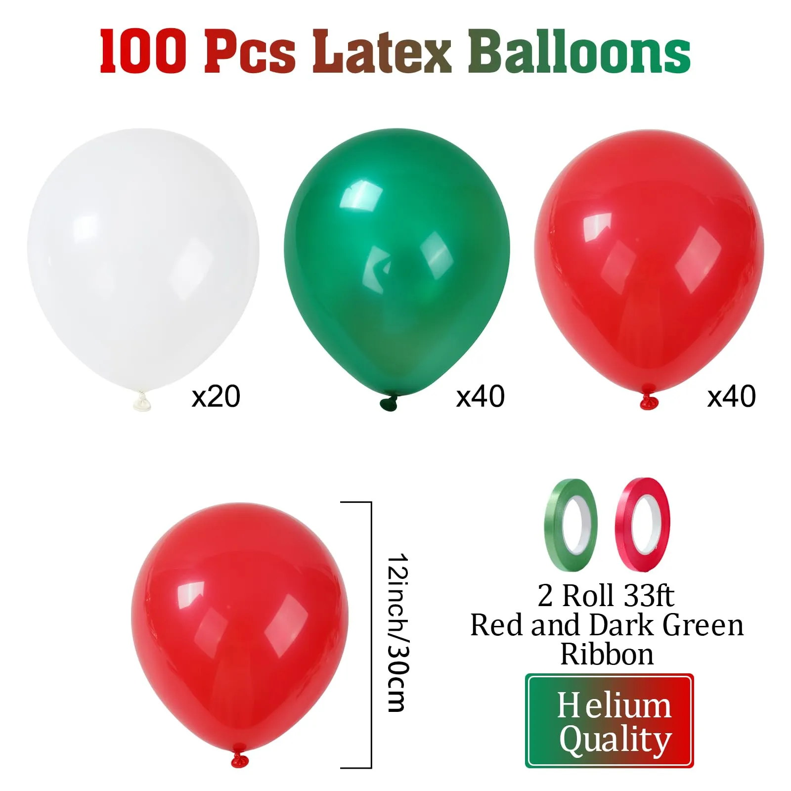 fairymaiden Palloncini Natale, 100 Pezzi, Rossi Verdi Bianchi, 12 Pollici - immagine 2