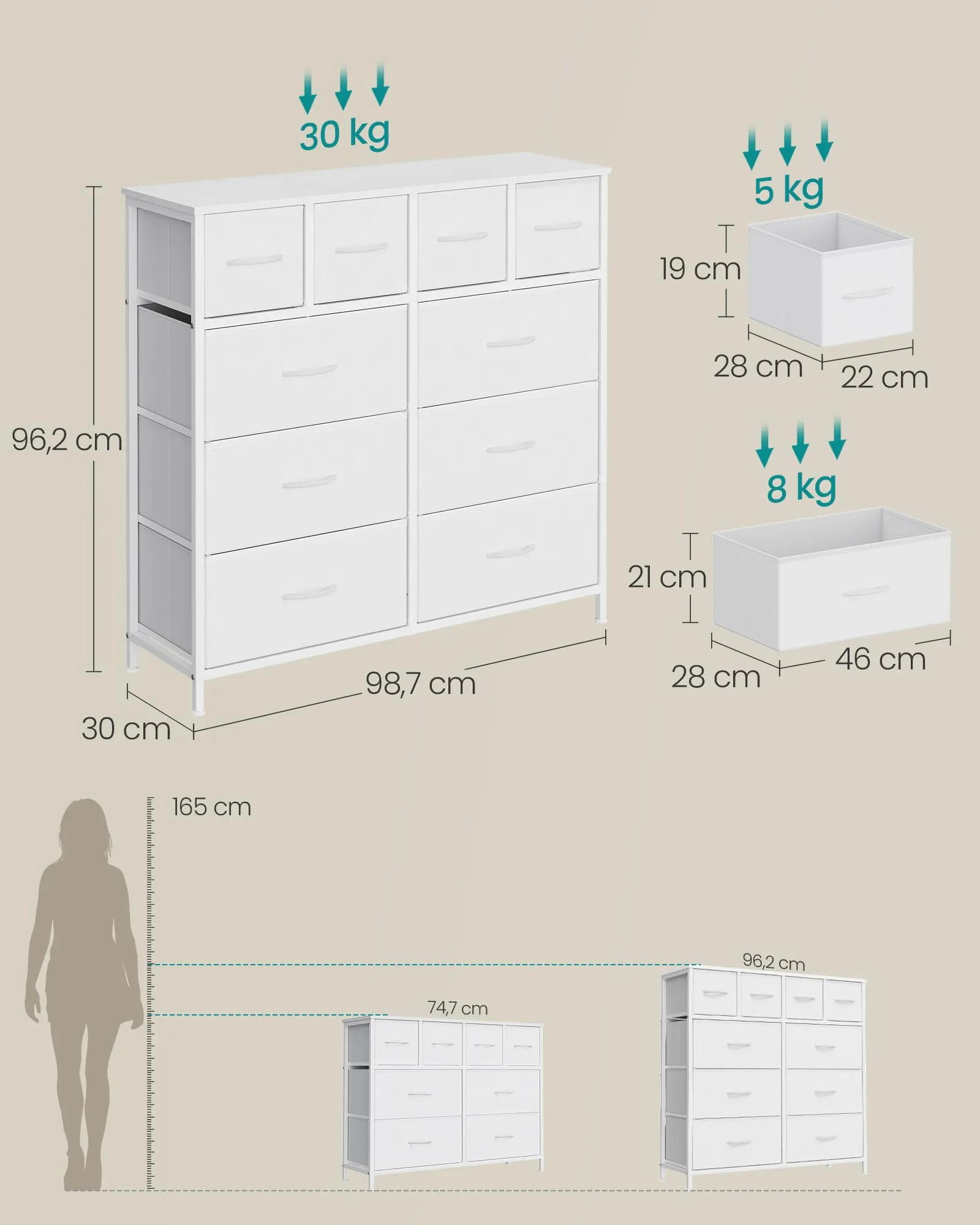 SONGMICS Cassettiera con 10 Cassetti in Tessuto, Struttura in Acciaio, 98,7 x 30 x 96,2 cm, Bianco Nuvola, Collezione BELLAH LGS236W101 - immagine 3