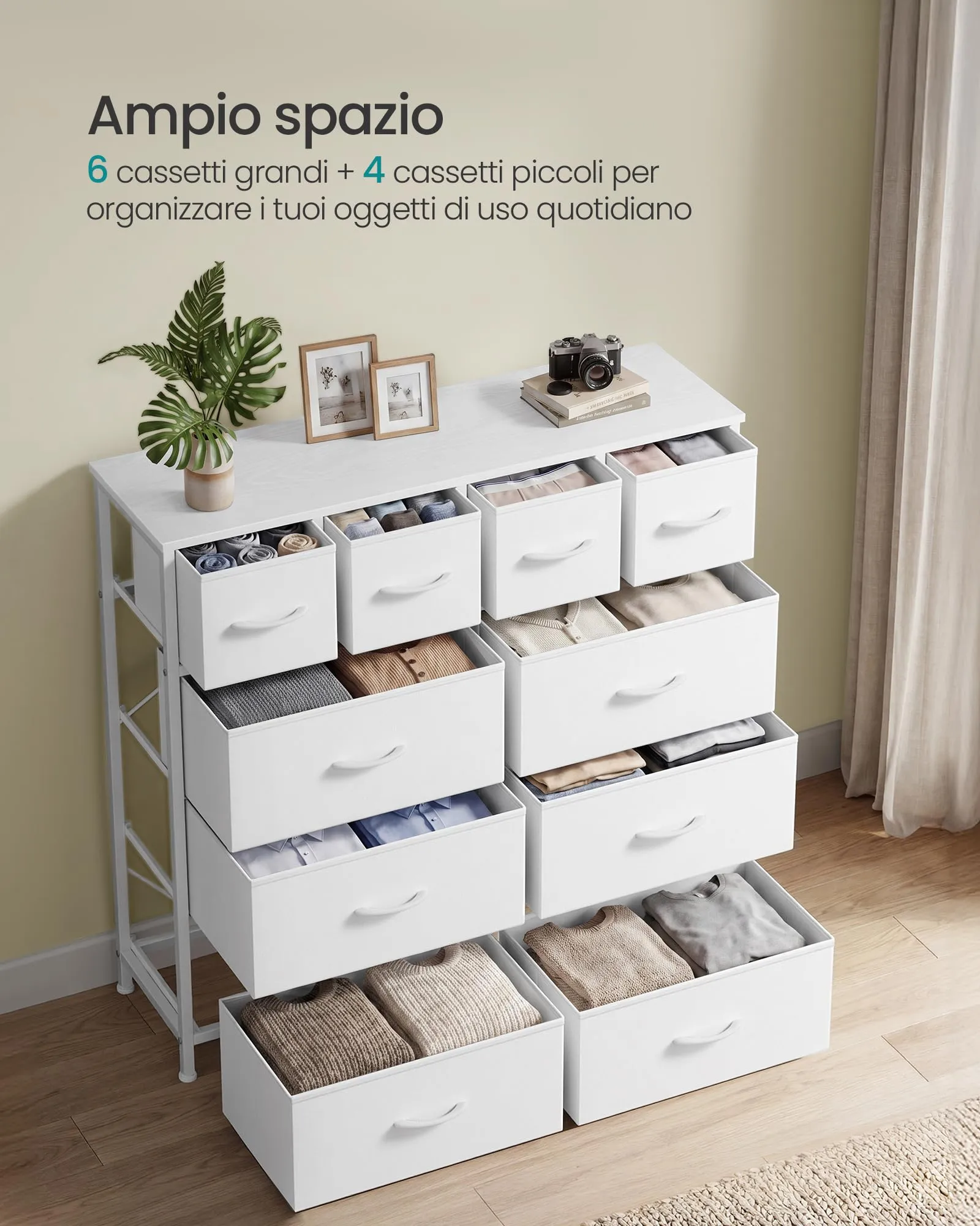 SONGMICS Cassettiera con 10 Cassetti in Tessuto, Struttura in Acciaio, 98,7 x 30 x 96,2 cm, Bianco Nuvola, Collezione BELLAH LGS236W101 - immagine 4
