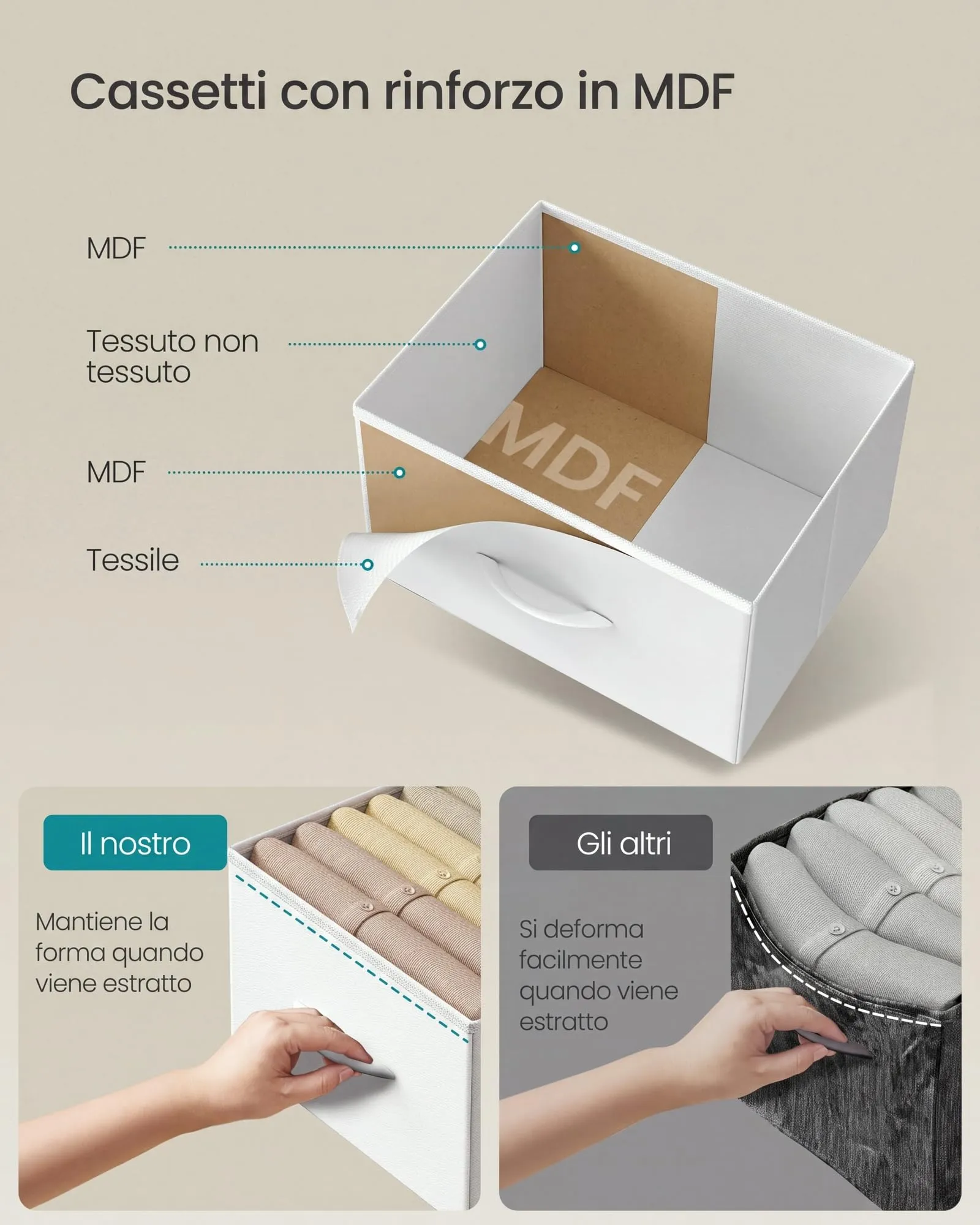 SONGMICS Cassettiera con 10 Cassetti in Tessuto, Struttura in Acciaio, 98,7 x 30 x 96,2 cm, Bianco Nuvola, Collezione BELLAH LGS236W101 - immagine 5