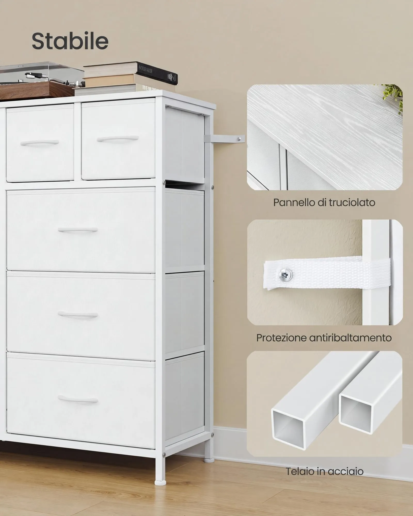 SONGMICS Cassettiera con 10 Cassetti in Tessuto, Struttura in Acciaio, 98,7 x 30 x 96,2 cm, Bianco Nuvola, Collezione BELLAH LGS236W101 - immagine 6