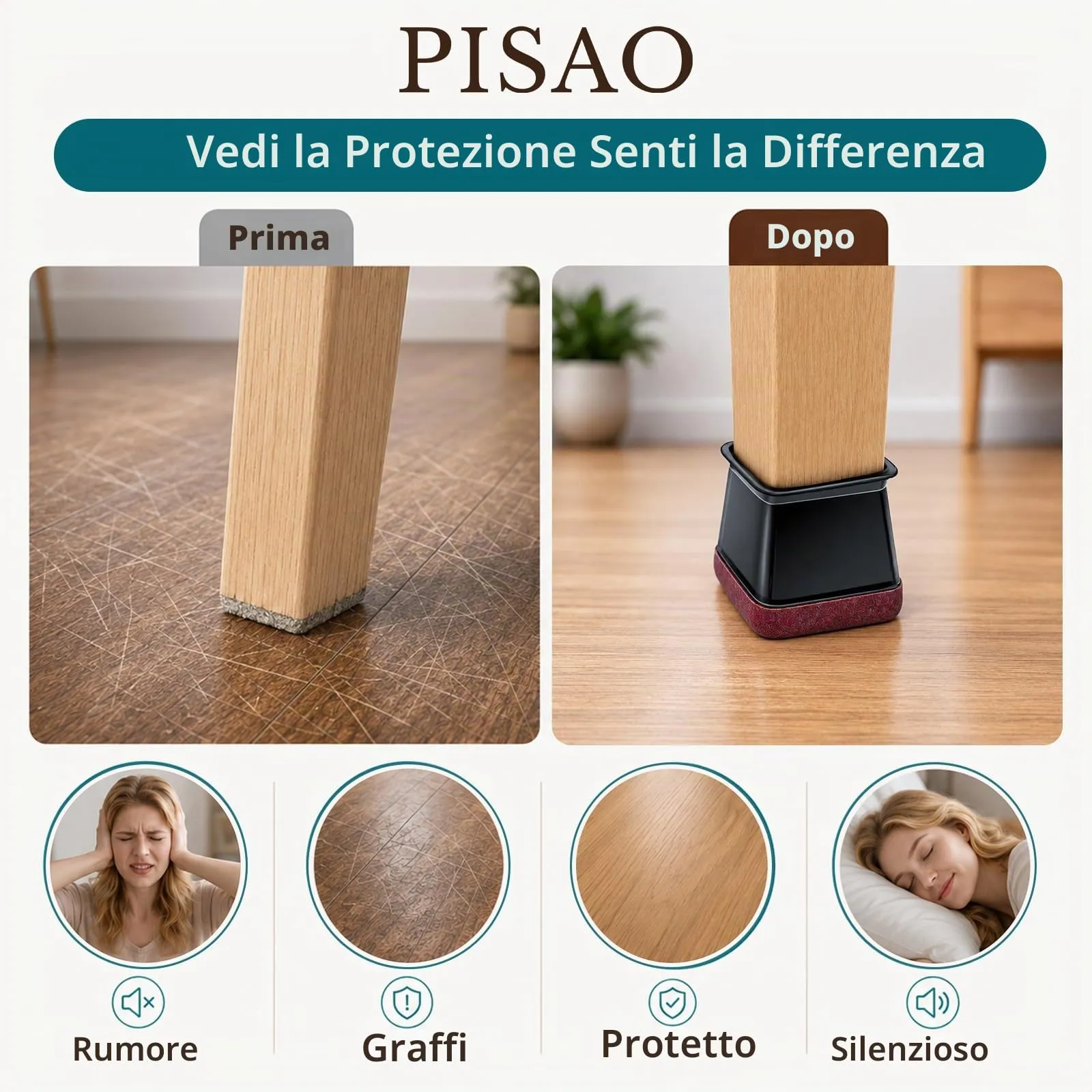 PISAO Gommini per Sedie Quadre, 32 Pezzi, Nero (M Fit: 20-26 mm) - immagine 2