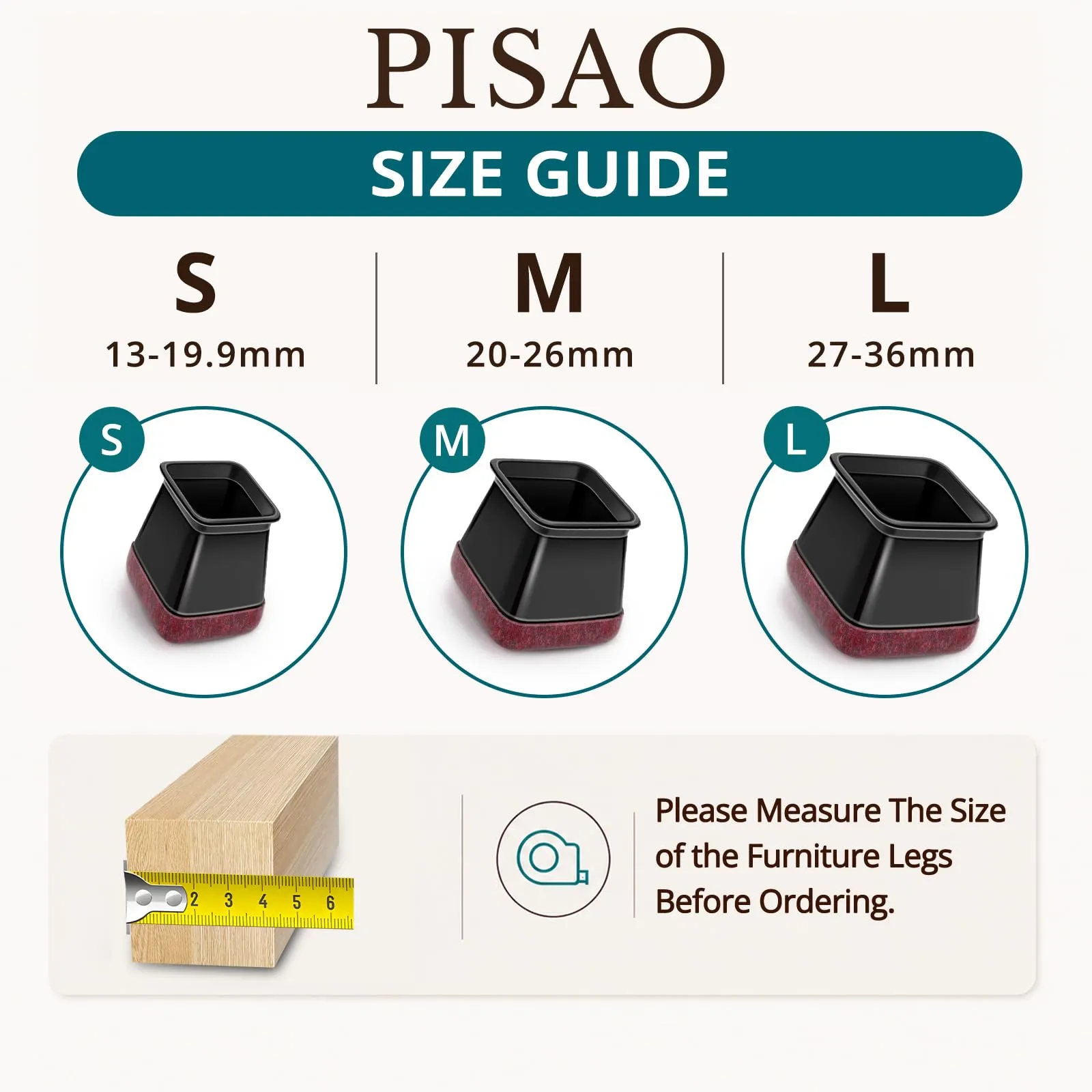 PISAO Gommini per Sedie Quadre, 32 Pezzi, Nero (M Fit: 20-26 mm) - immagine 3