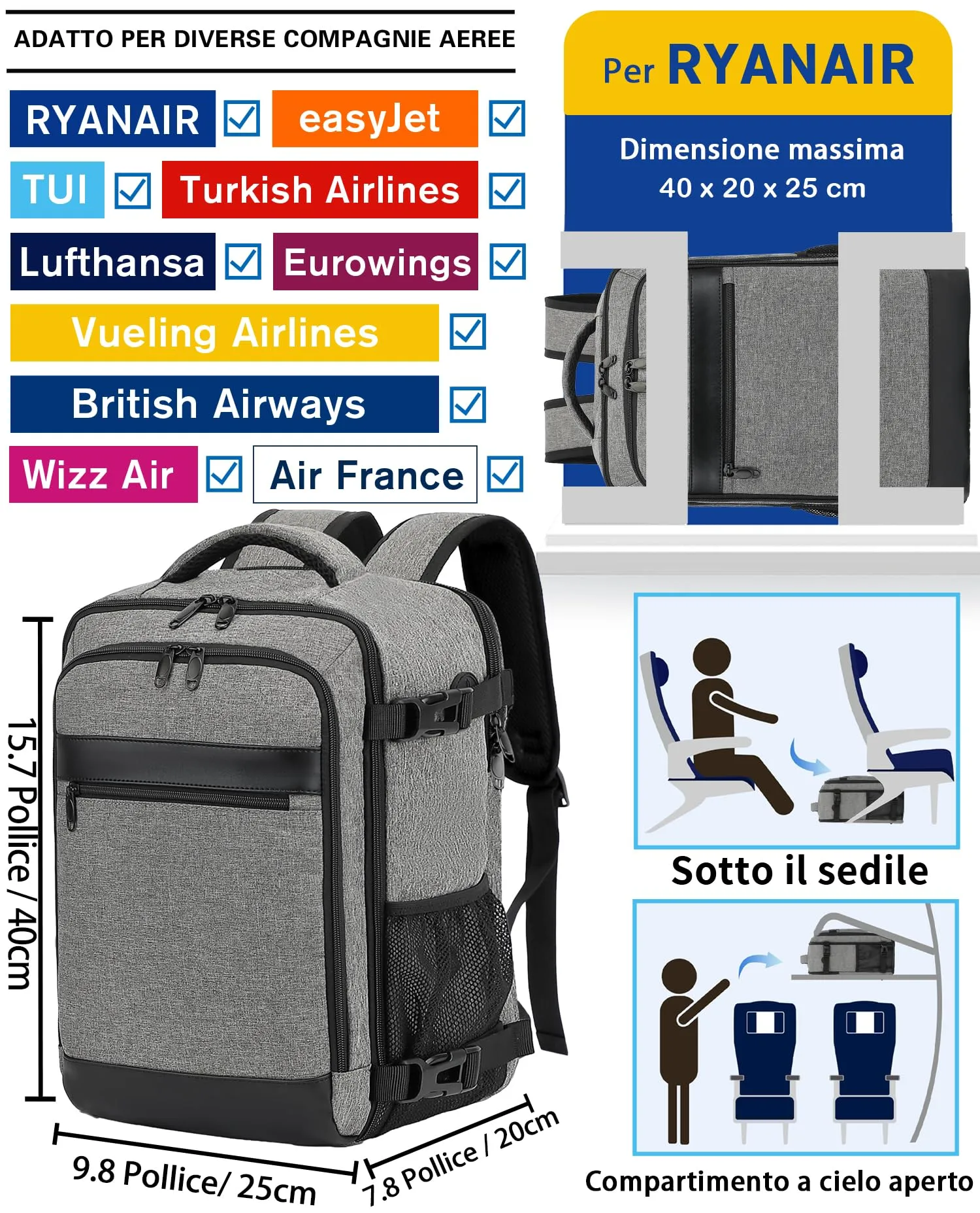 KLOSTAIN Zaino Ryanair 40x20x25 Borsa da Cabina 20L Grigio, Zaino Porta PC 14 Pollici per Uomo e Donna - immagine 2