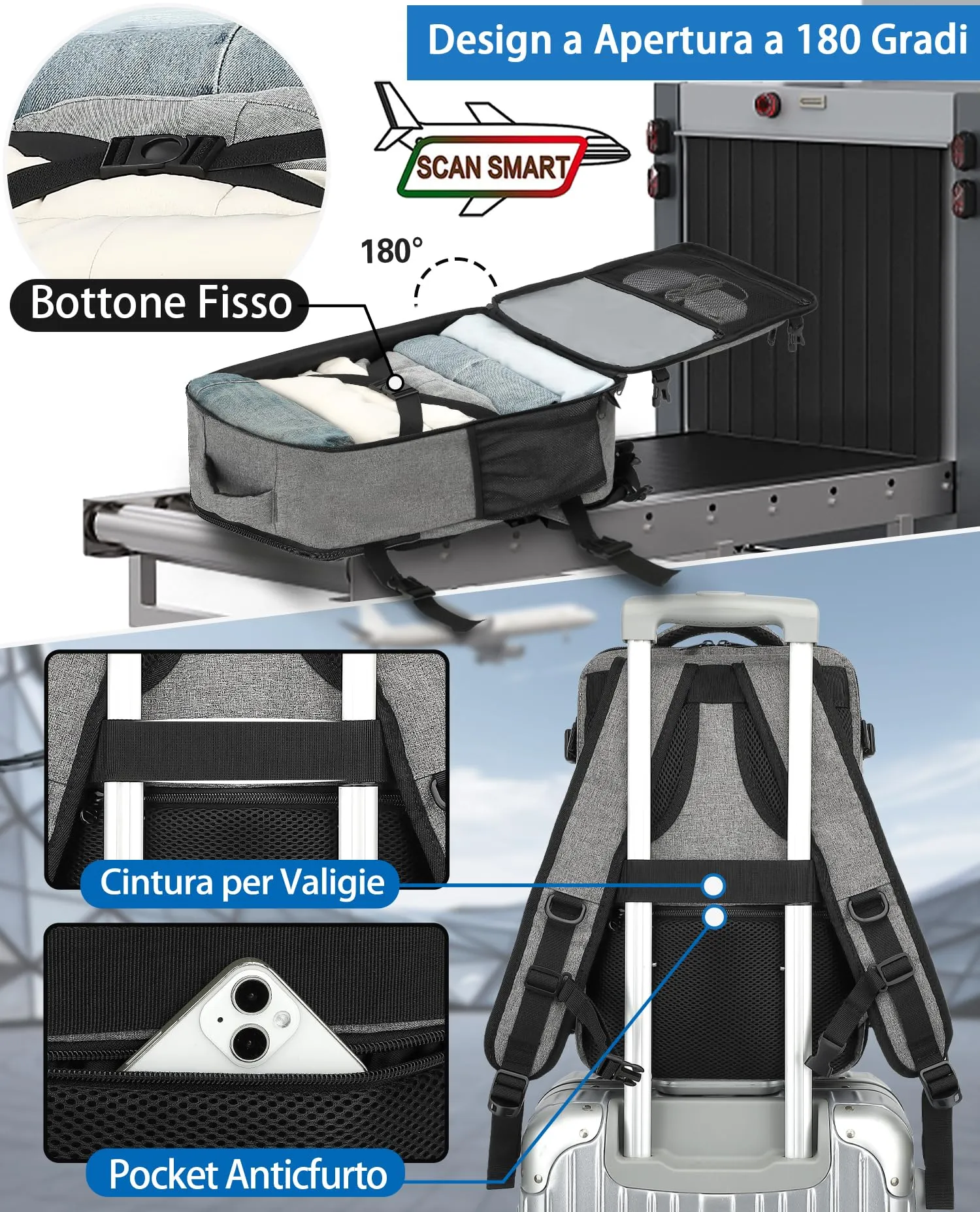 KLOSTAIN Zaino Ryanair 40x20x25 Borsa da Cabina 20L Grigio, Zaino Porta PC 14 Pollici per Uomo e Donna - immagine 3