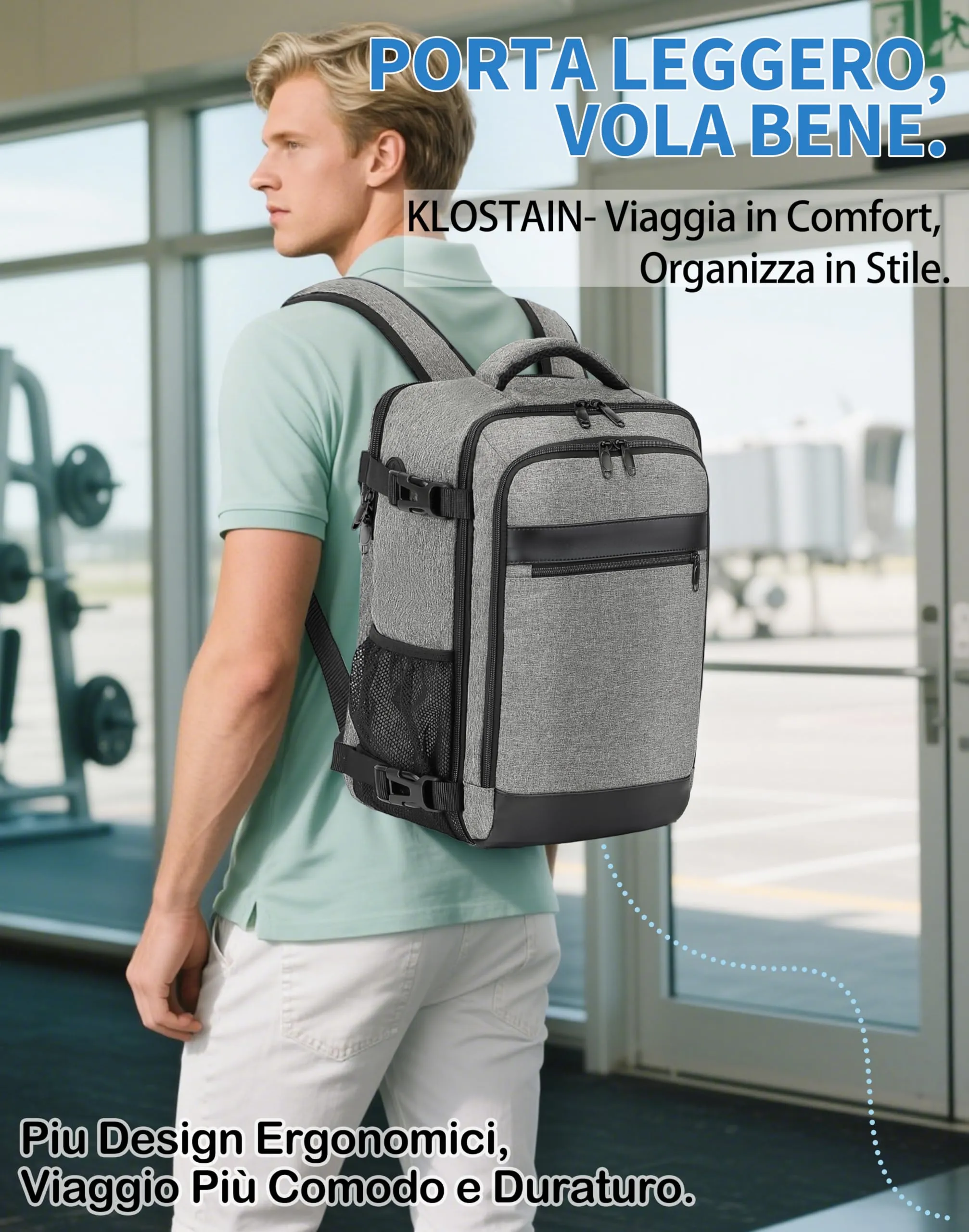 KLOSTAIN Zaino Ryanair 40x20x25 Borsa da Cabina 20L Grigio, Zaino Porta PC 14 Pollici per Uomo e Donna - immagine 6